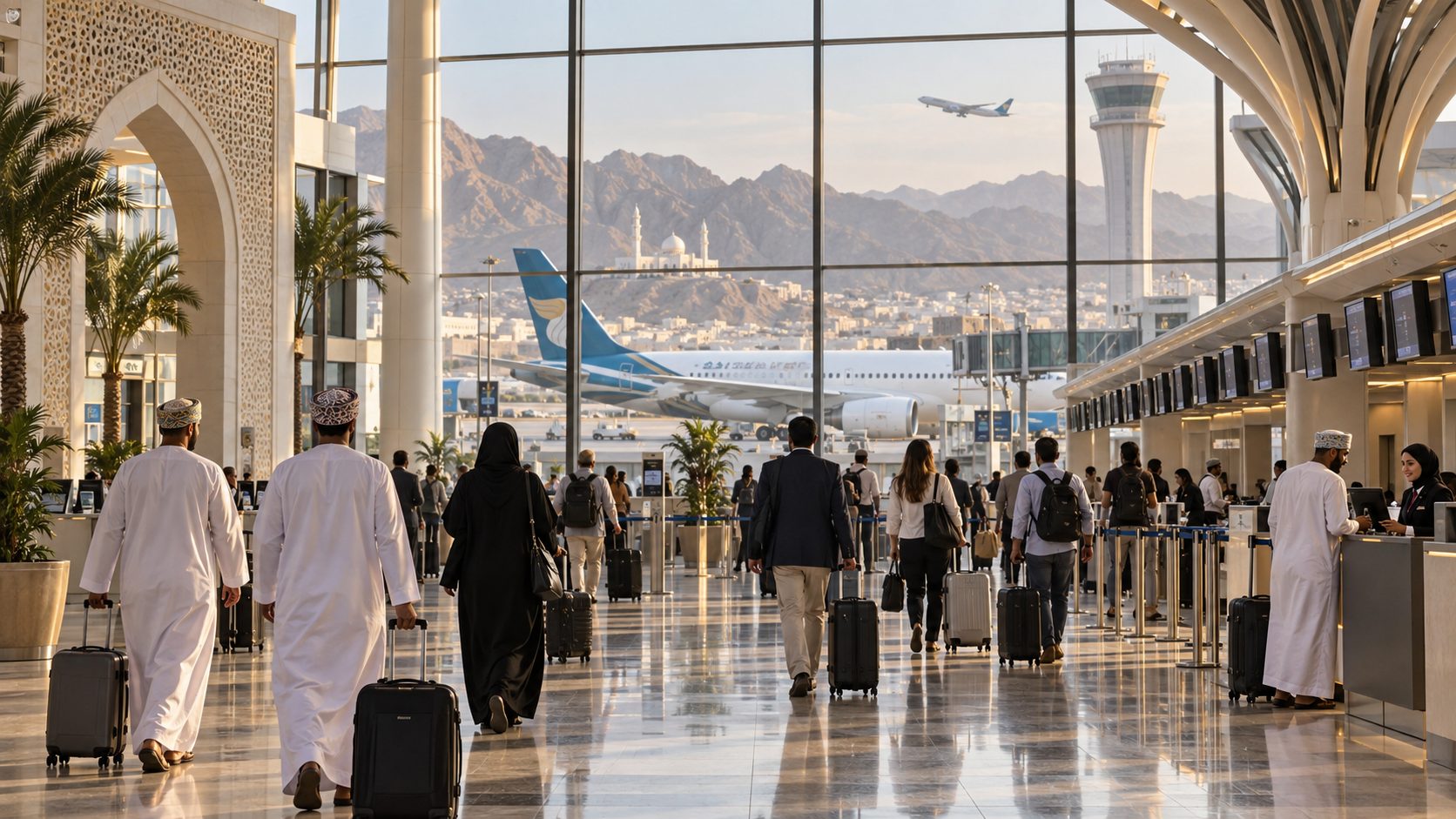 AI-generated editorial illustration for GulfPulse News coverage of 7.7 million passengers traveled through Oman's airports in 2026.