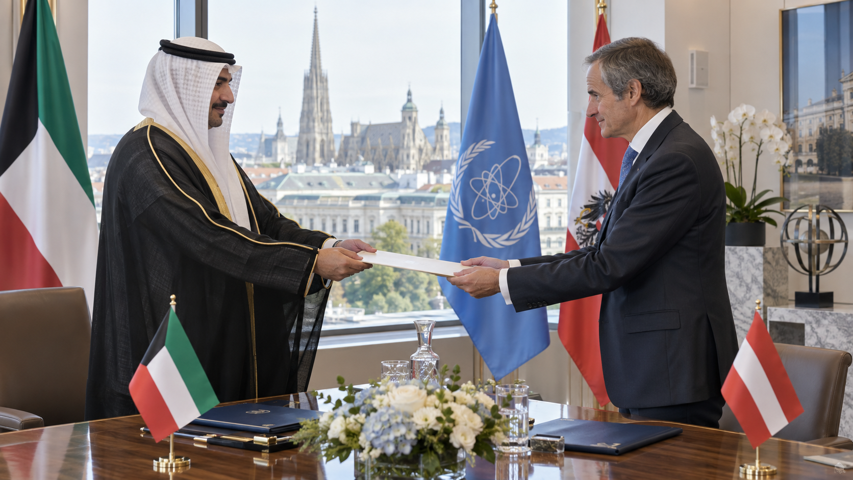 AI-generated editorial illustration for GulfPulse News coverage of Kuwait’s envoy to Austria presents credentials.