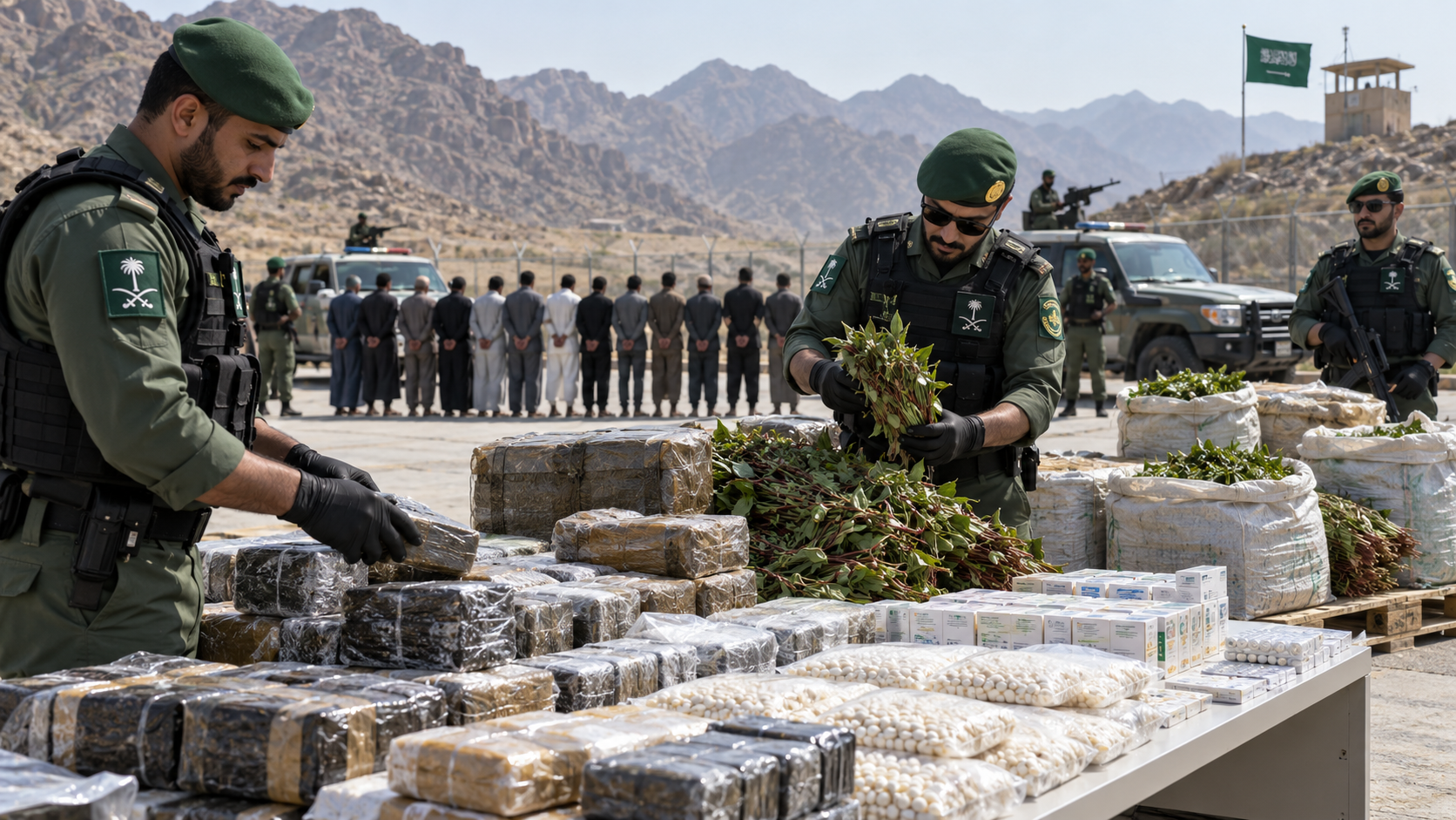 AI-generated editorial illustration for GulfPulse News coverage of Border Guard arrests 13, seizes 280kg of khat, 37kg of hashish and 45,000 pills.