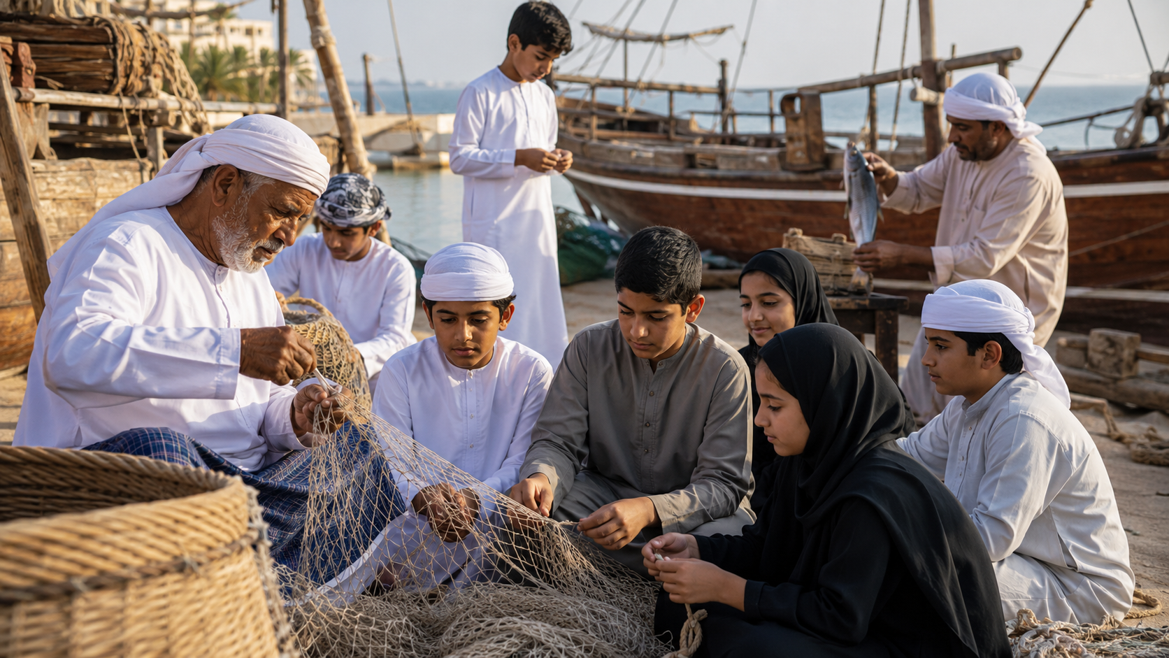 AI-generated editorial illustration for GulfPulse News coverage of 13th Al Maleh and Fishing Festival introduces younger generations to UAE maritime heritage through interactive workshops.