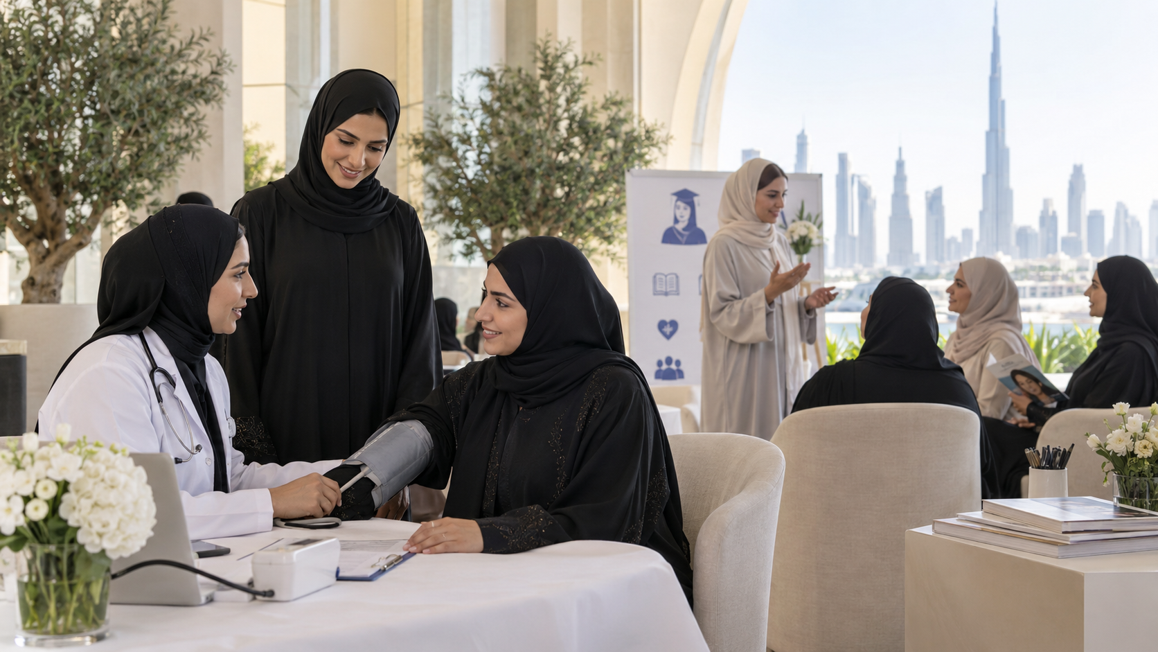 AI-generated editorial illustration for GulfPulse News coverage of 'Hamdan Bin Rashid Foundation' marks Emirati Women’s Day with health, community initiatives.