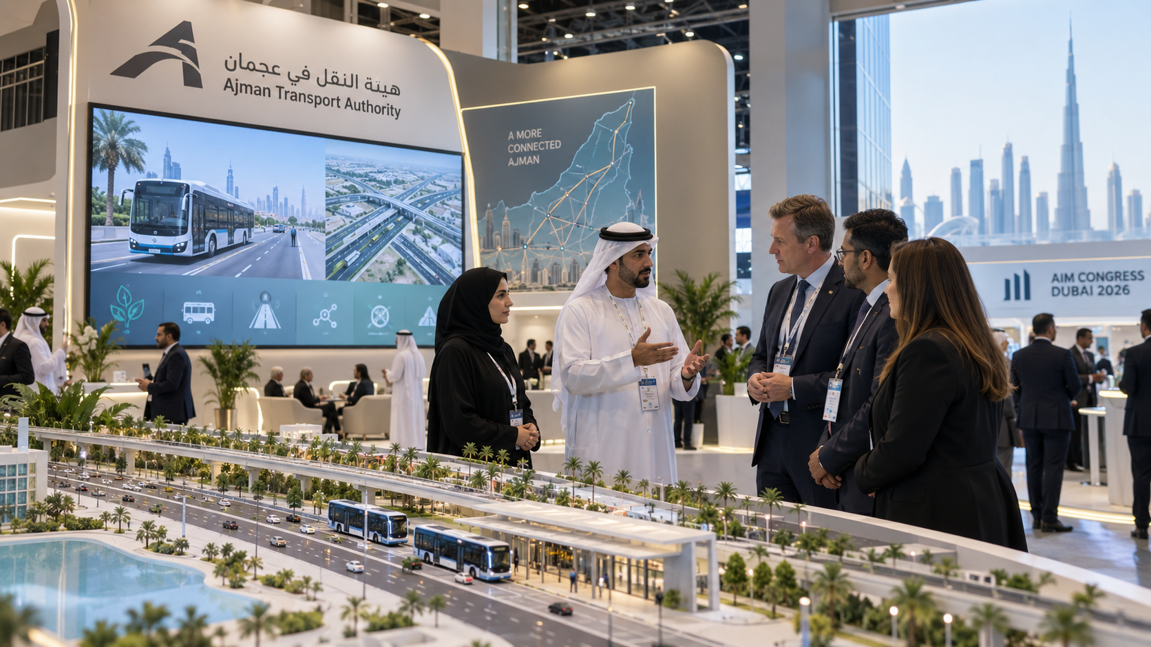 AI-generated editorial illustration for GulfPulse News coverage of Ajman Transport Authority showcases transport investment opportunities at AIM Congress 2026.