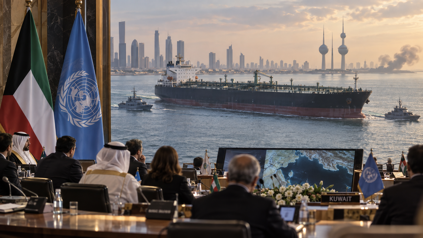 AI-generated editorial illustration for GulfPulse News coverage of Kuwait warns of risks from attacks on oil tankers.