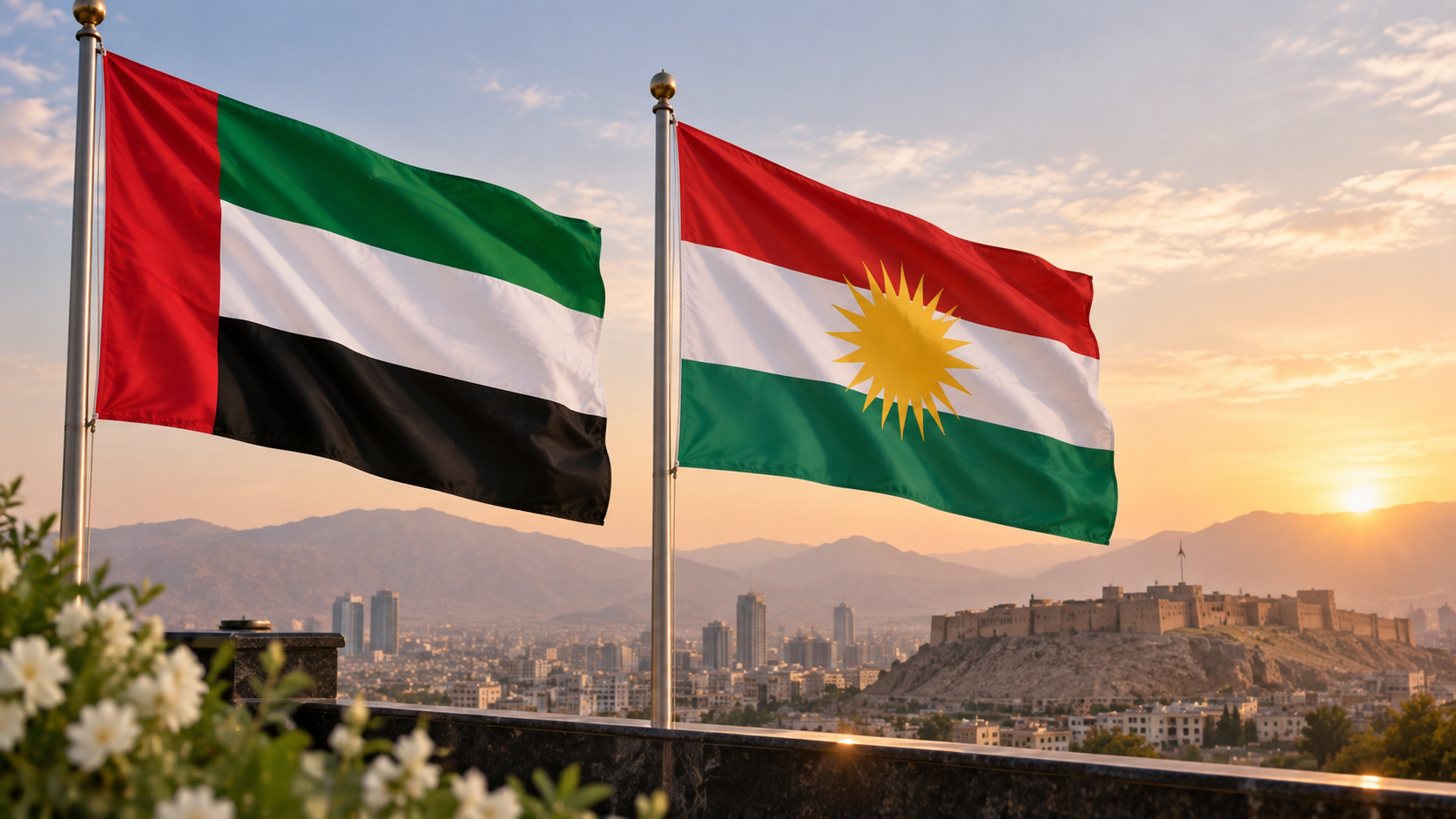 AI-generated editorial illustration for GulfPulse News coverage of UAE leaders send condolences to leaders of Kurdistan Region on passing of eldest brother of Barzani family.