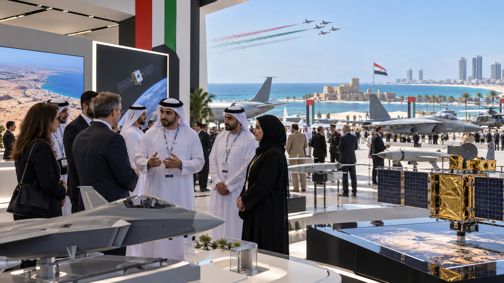 AI-generated editorial illustration for GulfPulse News coverage of UAE National Pavilion participates in El Alamein International Airshow 2026.
