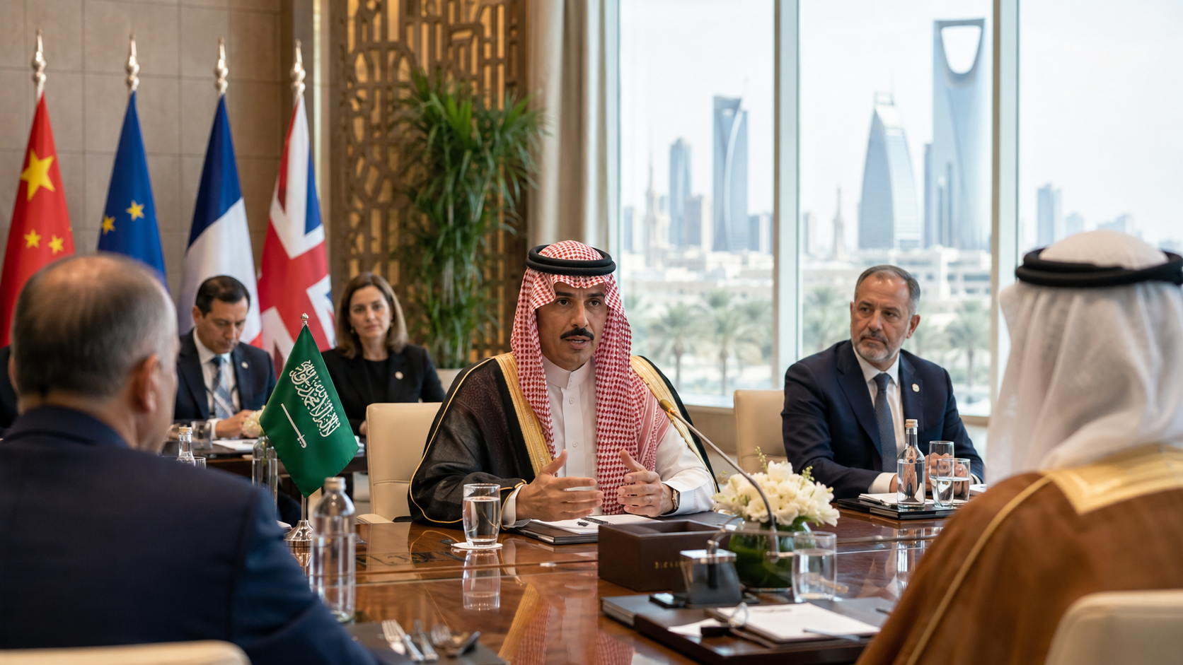 AI-generated editorial illustration for GulfPulse News coverage of Saudi Arabia stresses regional de-escalation vital for sustainable development.