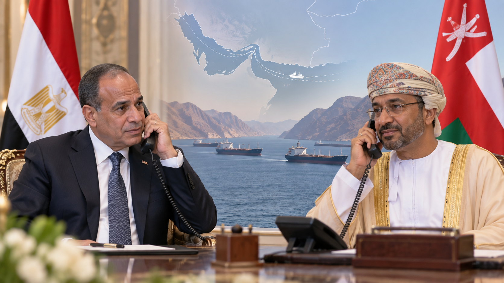 AI-generated editorial illustration for GulfPulse News coverage of Egypt, Oman FMs discuss efforts to ease regional tensions.