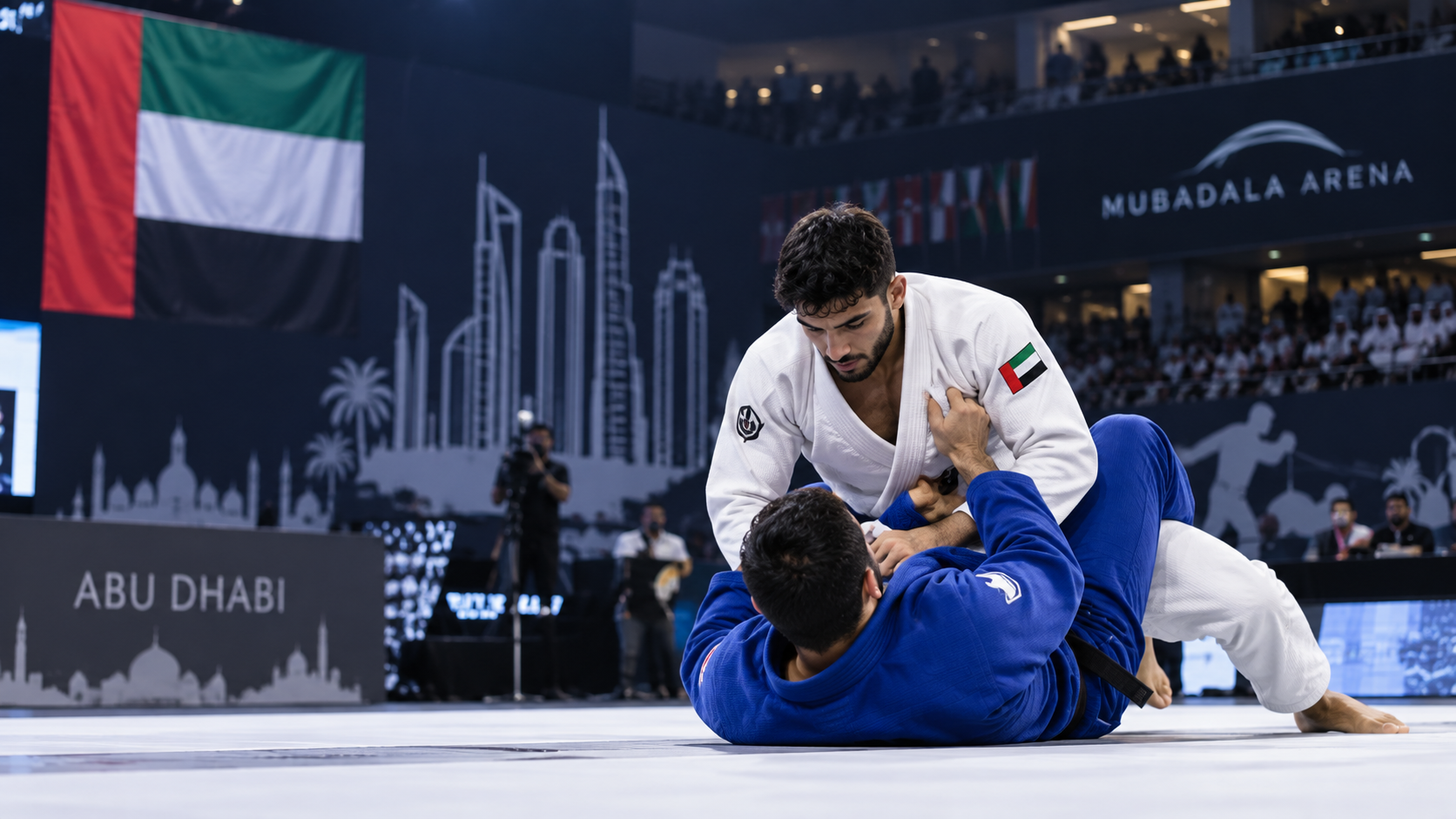 AI-generated editorial illustration for GulfPulse News coverage of UAE leads country standings as AJP Tour Asia Continental Jiu-Jitsu Championship 2026 - GI opens in Abu Dhabi.