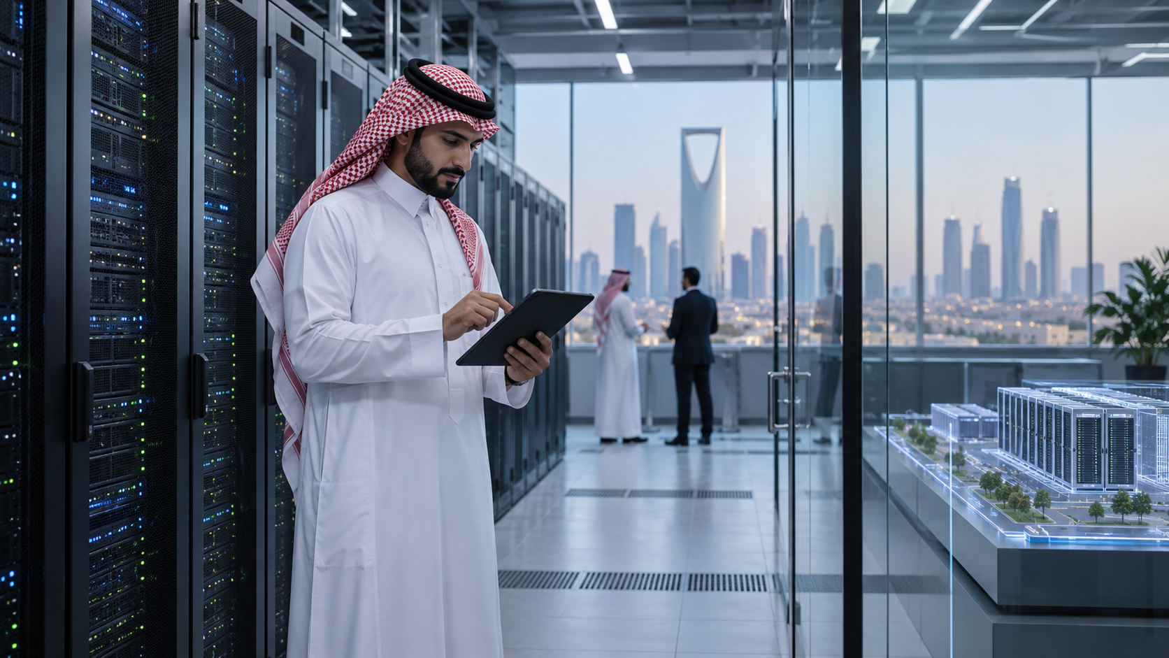 AI-generated editorial illustration for GulfPulse News coverage of Saudi Arabia adopts municipal regulations for commercial data centers.