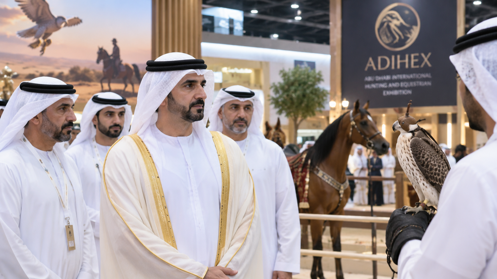 AI-generated editorial illustration for GulfPulse News coverage of Hamdan bin Mohamed bin Zayed visits 23rd Abu Dhabi International Hunting and Equestrian Exhibition.