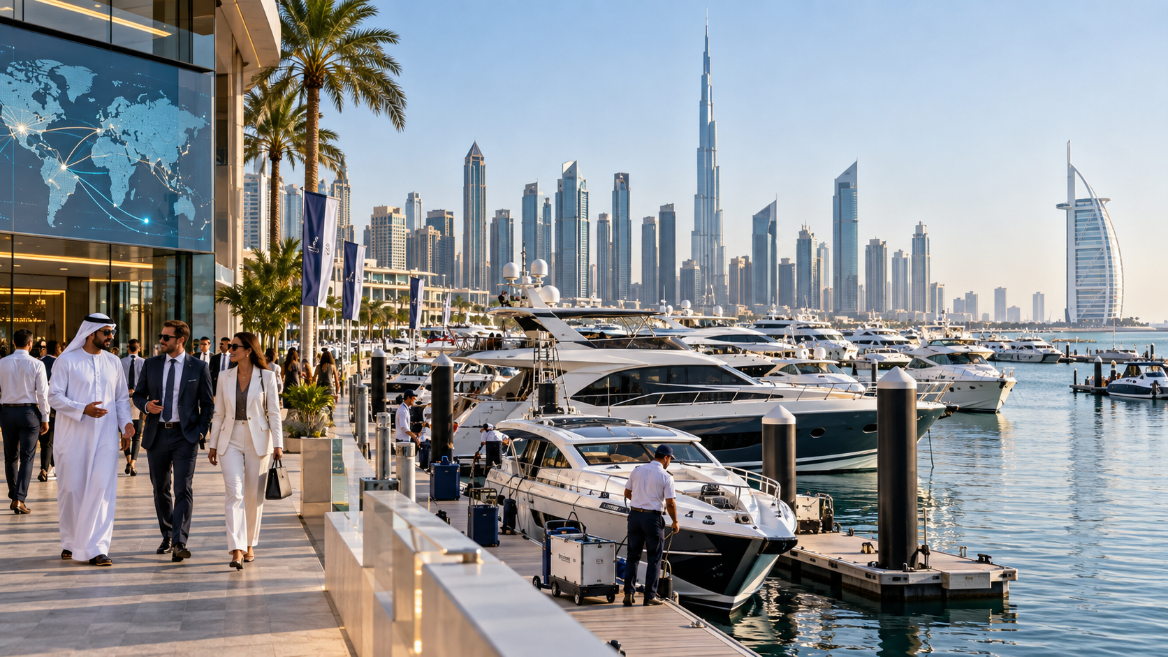AI-generated editorial illustration for GulfPulse News coverage of Dubai’s maritime sector broadens global appeal with 116 nationalities exploring extensive array of services, activities.