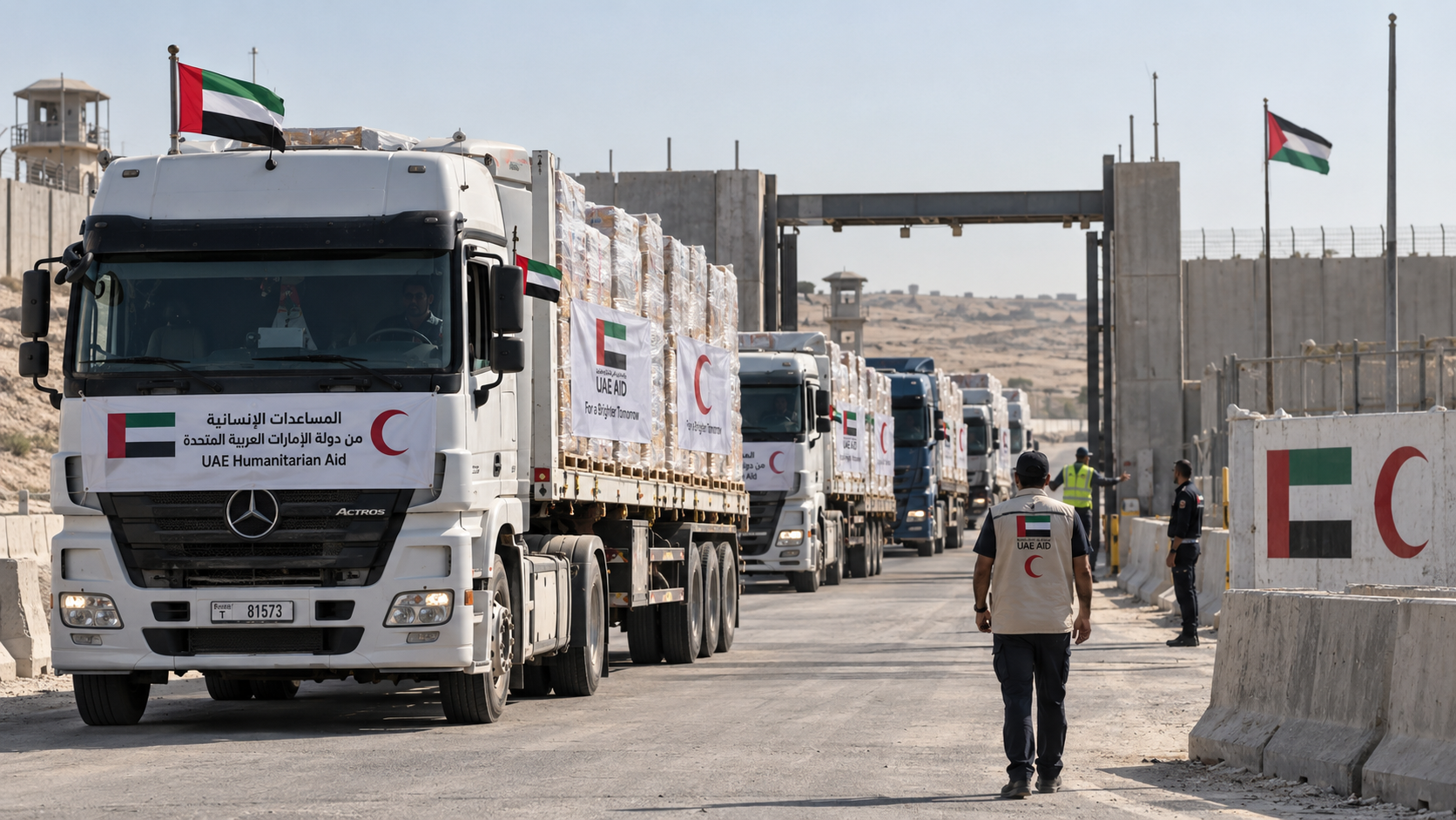 AI-generated editorial illustration for GulfPulse News coverage of five UAE convoys carrying 533 tonnes of humanitarian aid entered Gaza Strip under 'Operation Chivalrous Knight 3'.
