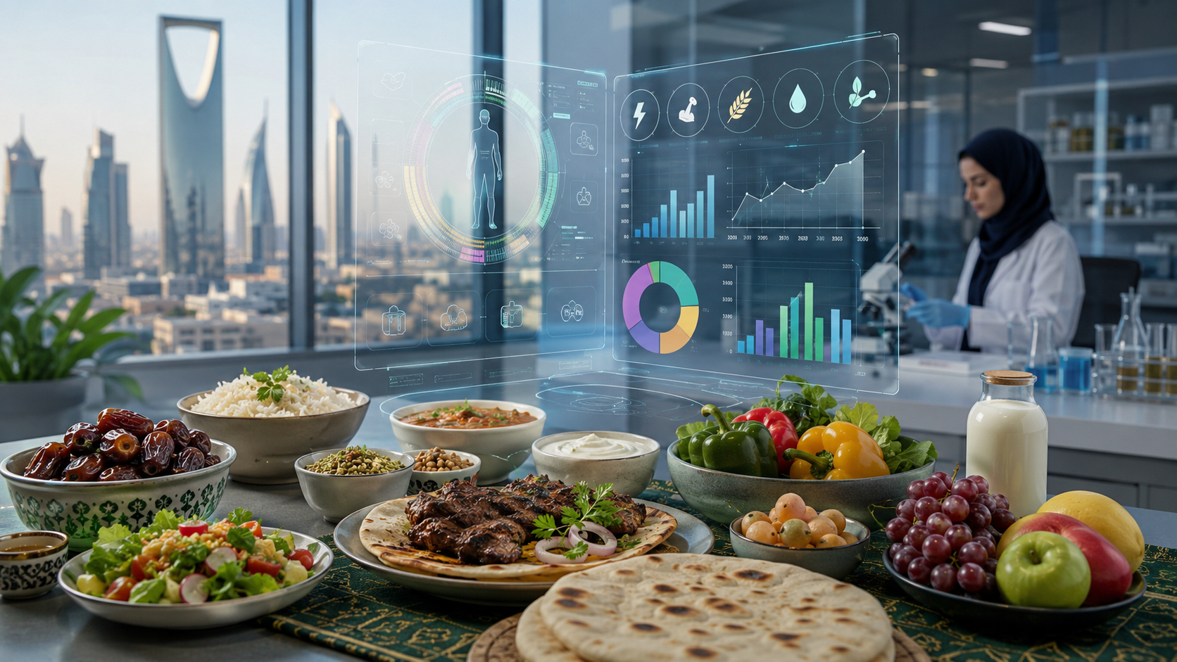 AI-generated editorial illustration for GulfPulse News coverage of Saudi Arabia launches first national Food Composition Database.
