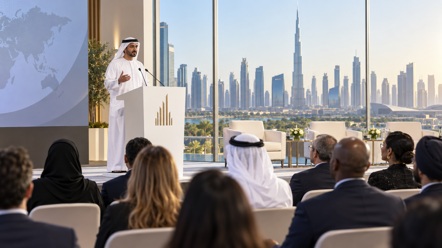 AI-generated editorial illustration for GulfPulse News coverage of Tolerance drives prosperity, investment stability, Minister tells Dubai conference.