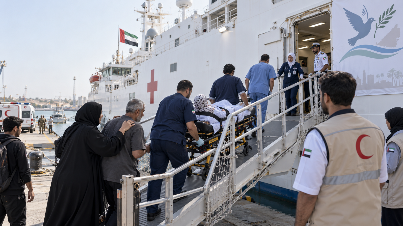 AI-generated editorial illustration for GulfPulse News coverage of UAE Floating Hospital in Al Arish receives 11 new cases from Gaza under Operation Chivalrous Knight 3.