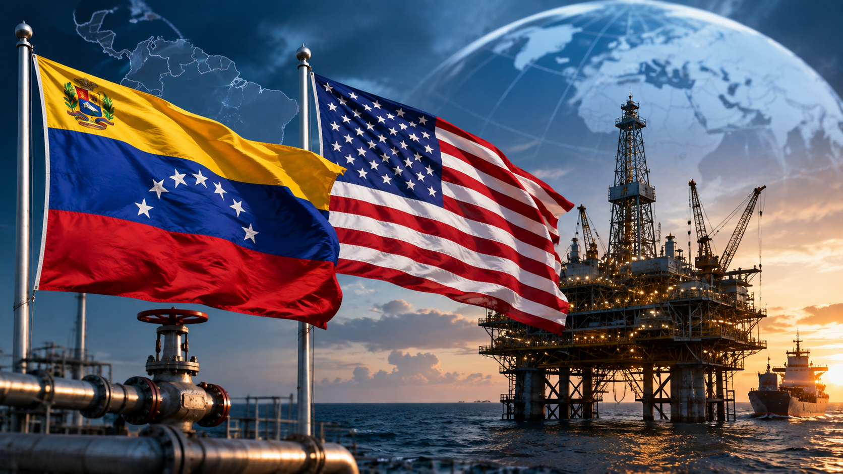 AI-generated editorial illustration for GulfPulse News coverage of Venezuela's interim president says US energy deal will last 25 years.
