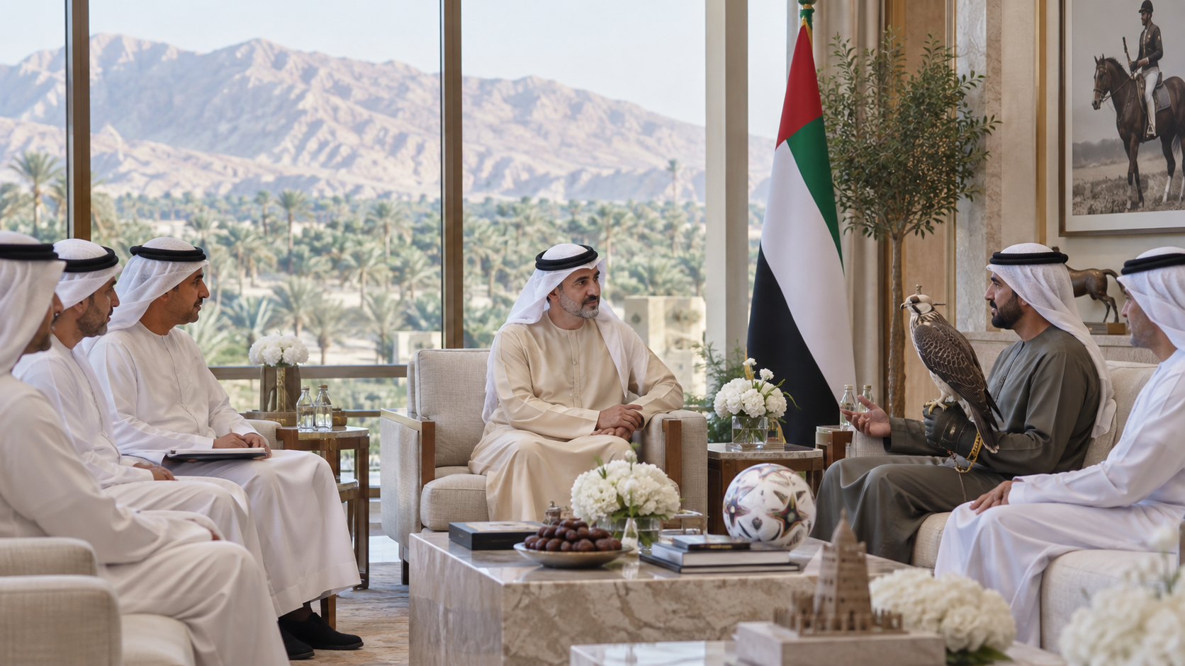 AI-generated editorial illustration for GulfPulse News coverage of Hazza bin Zayed receives delegation from Abu Dhabi Sports Council, Abu Dhabi Falconers’ Club.