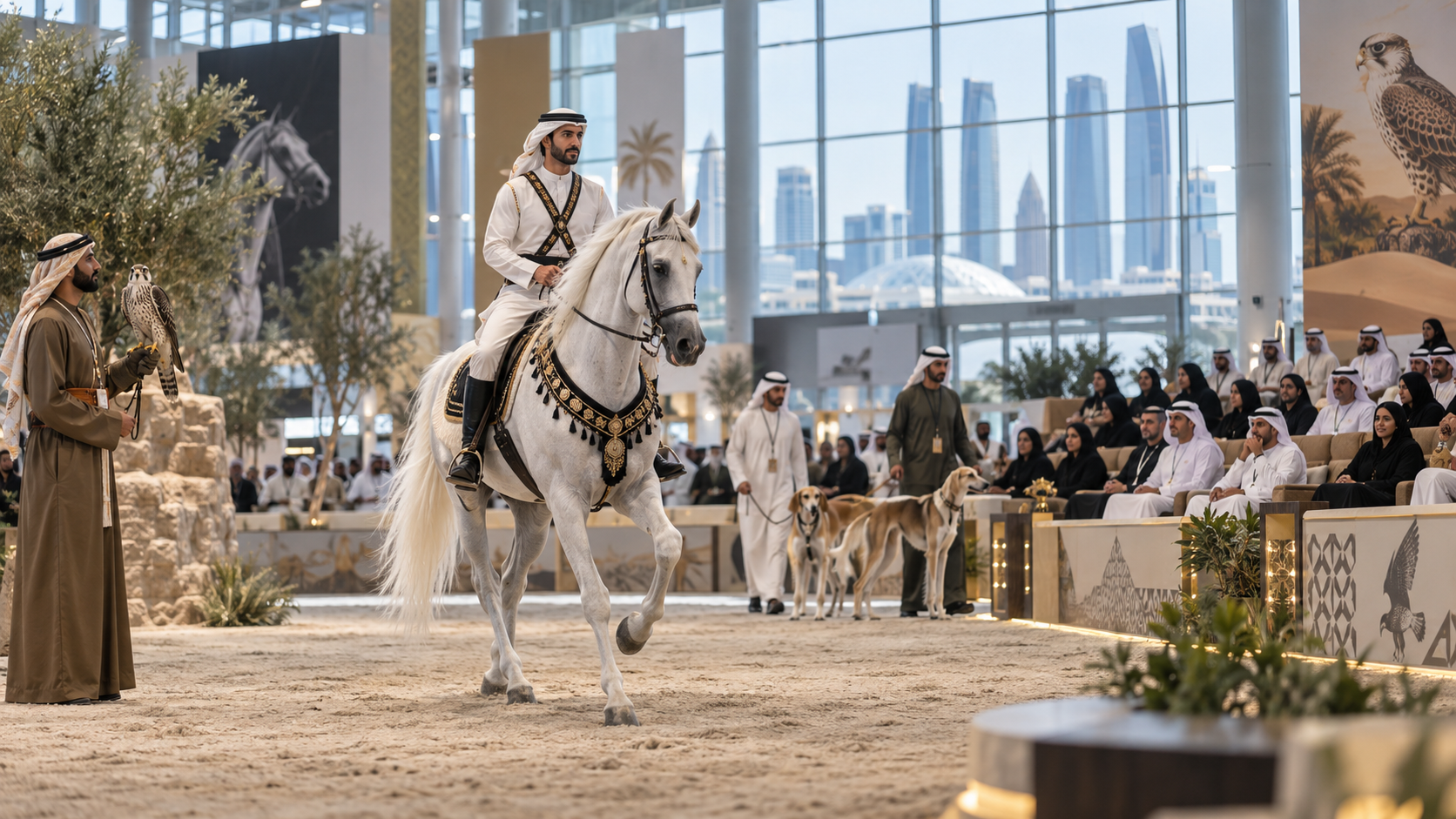 AI-generated editorial illustration for GulfPulse News coverage of ADIHEX 2026 showcases heritage, equestrian sports on eighth day.