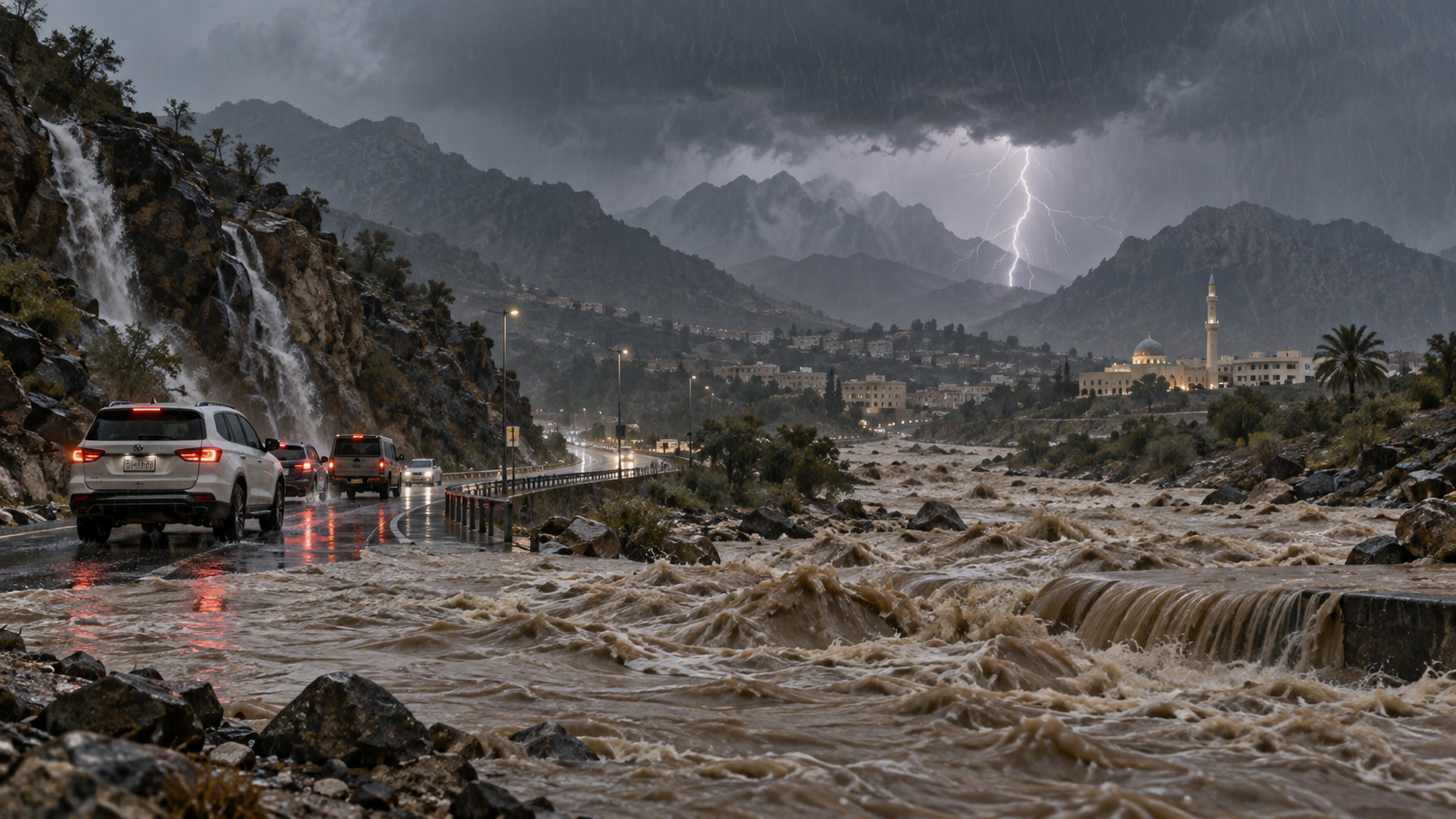AI-generated editorial illustration for GulfPulse News coverage of Red, orange alerts warn of heavy rain, thunderstorms and flash floods across regions.