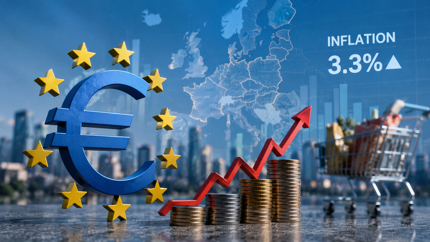 AI-generated editorial illustration for GulfPulse News coverage of Euro area annual inflation up to 3.3% in August.