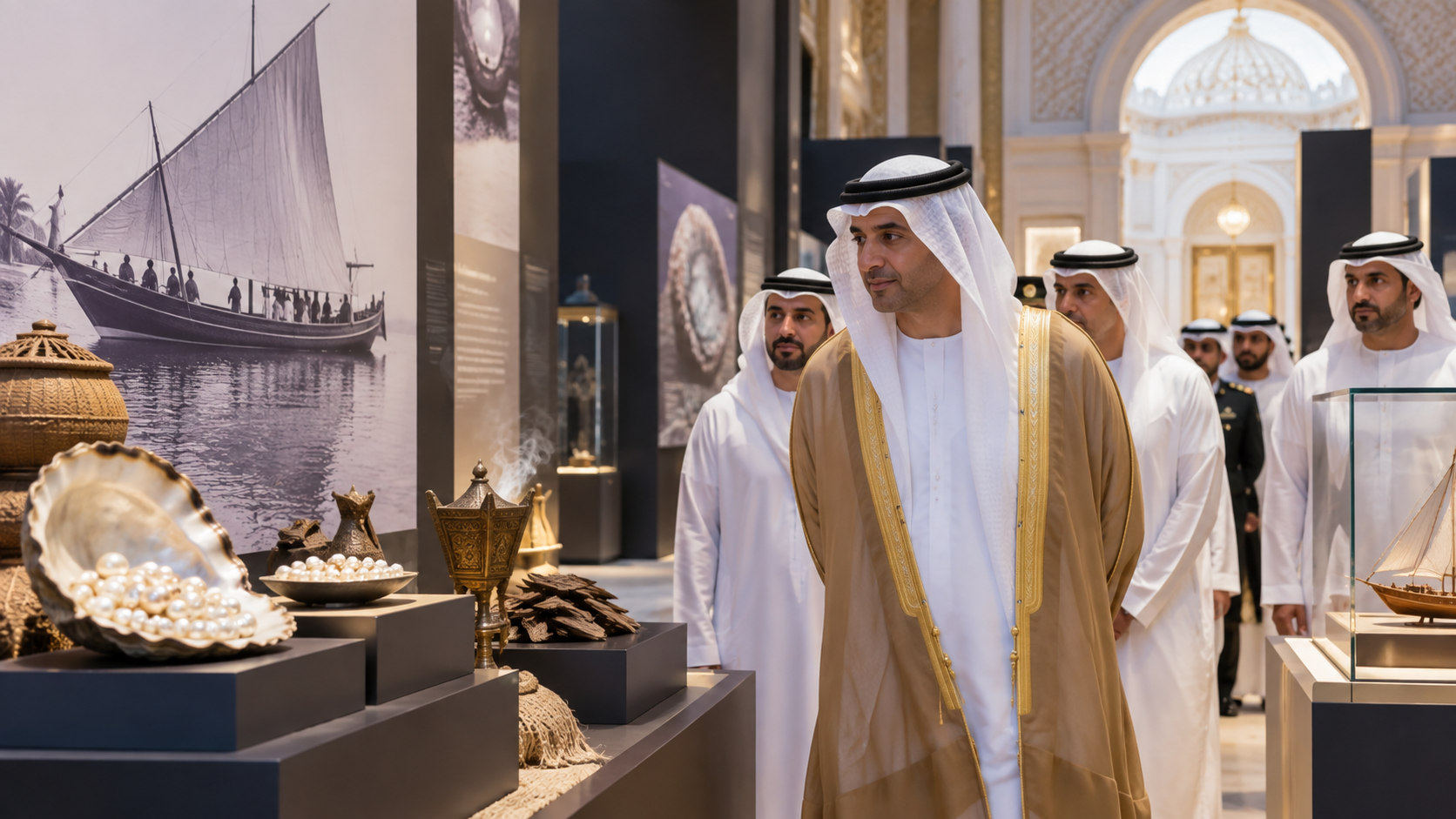 AI-generated editorial illustration for GulfPulse News coverage of Mansour bin Zayed opens ‘Emirates of Pearls and Aromas: A Deep-Rooted Legacy, Shaping the Future’ exhibition at Qasr Al Watan.