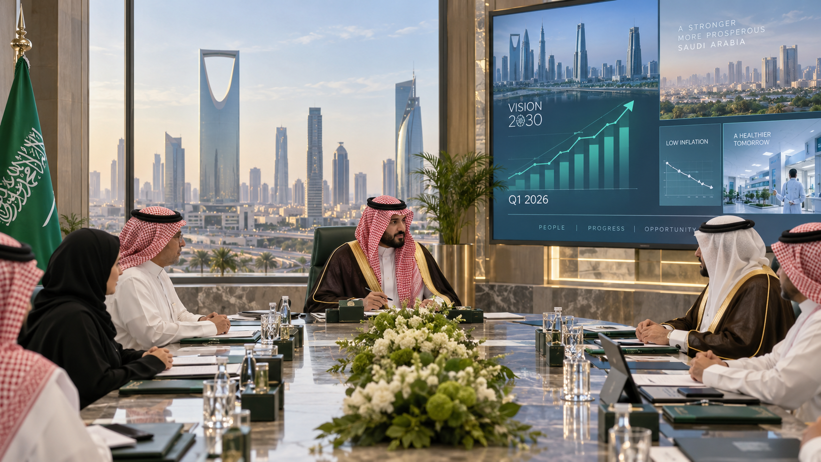 AI-generated editorial illustration for GulfPulse News coverage of CEDA meeting reviews positive performance and achievements of Vision 2030 programs and national strategies.