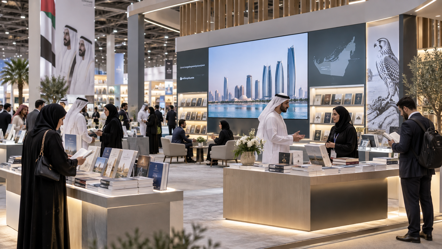 AI-generated editorial illustration for GulfPulse News coverage of TRENDS Group pavilion attracts visitors at Abu Dhabi Book Fair.