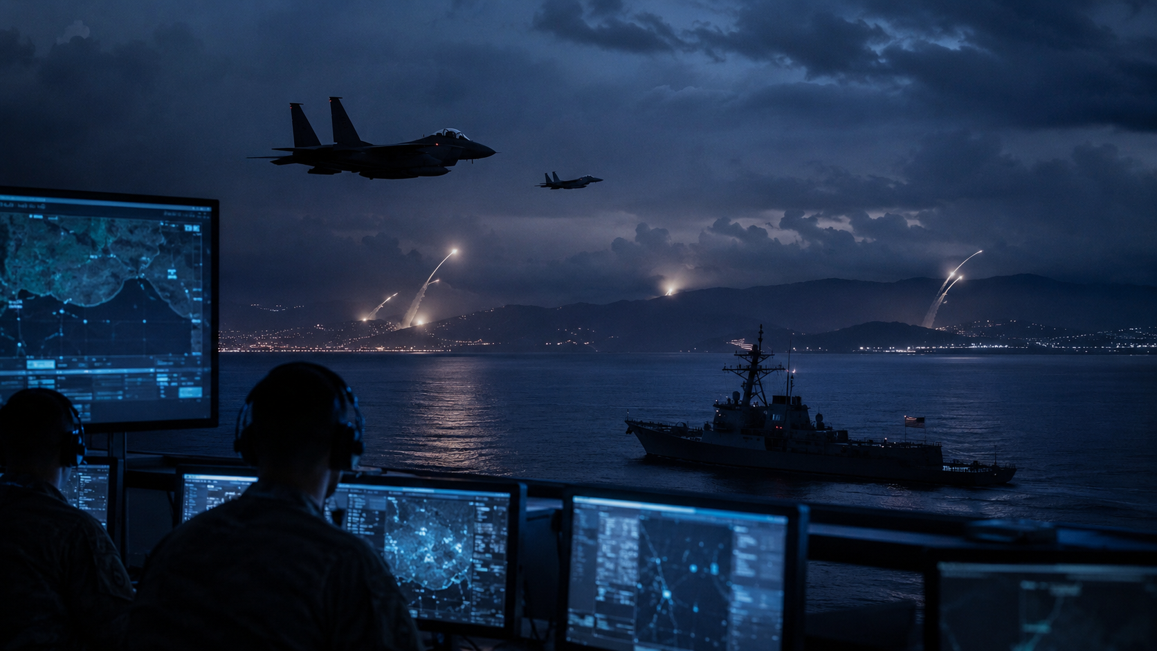 AI-generated editorial illustration for GulfPulse News coverage of US military completes latest strikes against Iran.