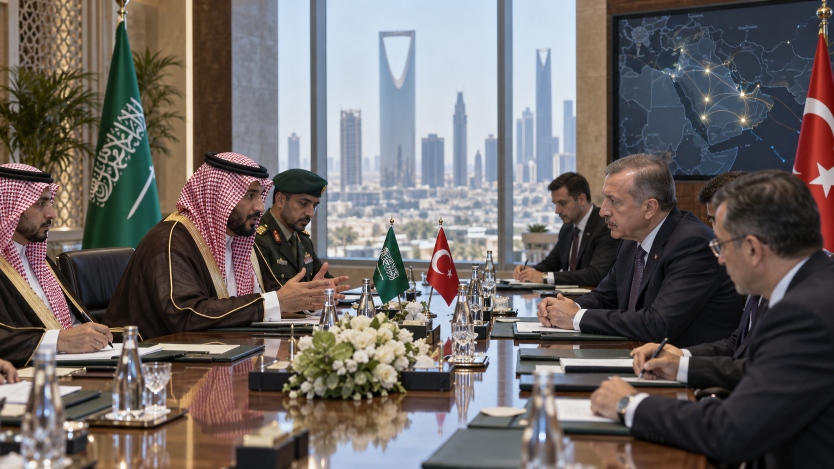 AI-generated editorial illustration for GulfPulse News coverage of Islamic Military Coalition, Türkiye discuss enhancing counter-terrorism cooperation.