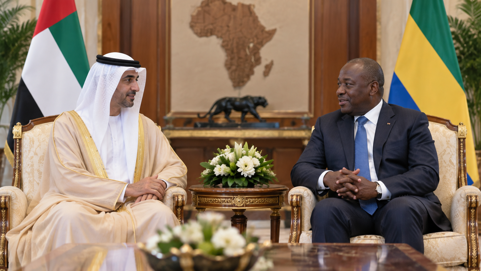 AI-generated editorial illustration for GulfPulse News coverage of President of Gabon receives Al Zeyoudi, stresses keenness to develop trade and investment partnership with UAE.