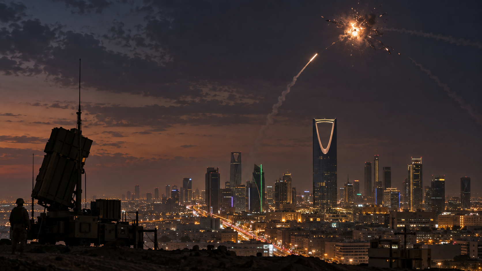 AI-generated editorial illustration for GulfPulse News coverage of Saudi air defenses intercept Houthi ballistic missile targeting Riyadh.