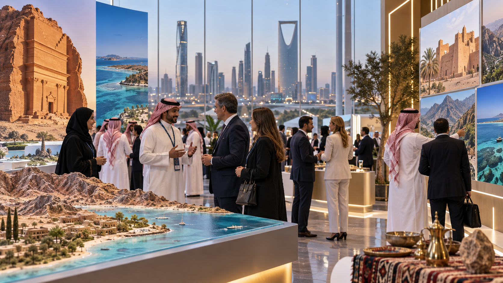 AI-generated editorial illustration for GulfPulse News coverage of Saudi Arabia strengthens its presence on global tourism map as World Travel Market concludes in Riyadh.