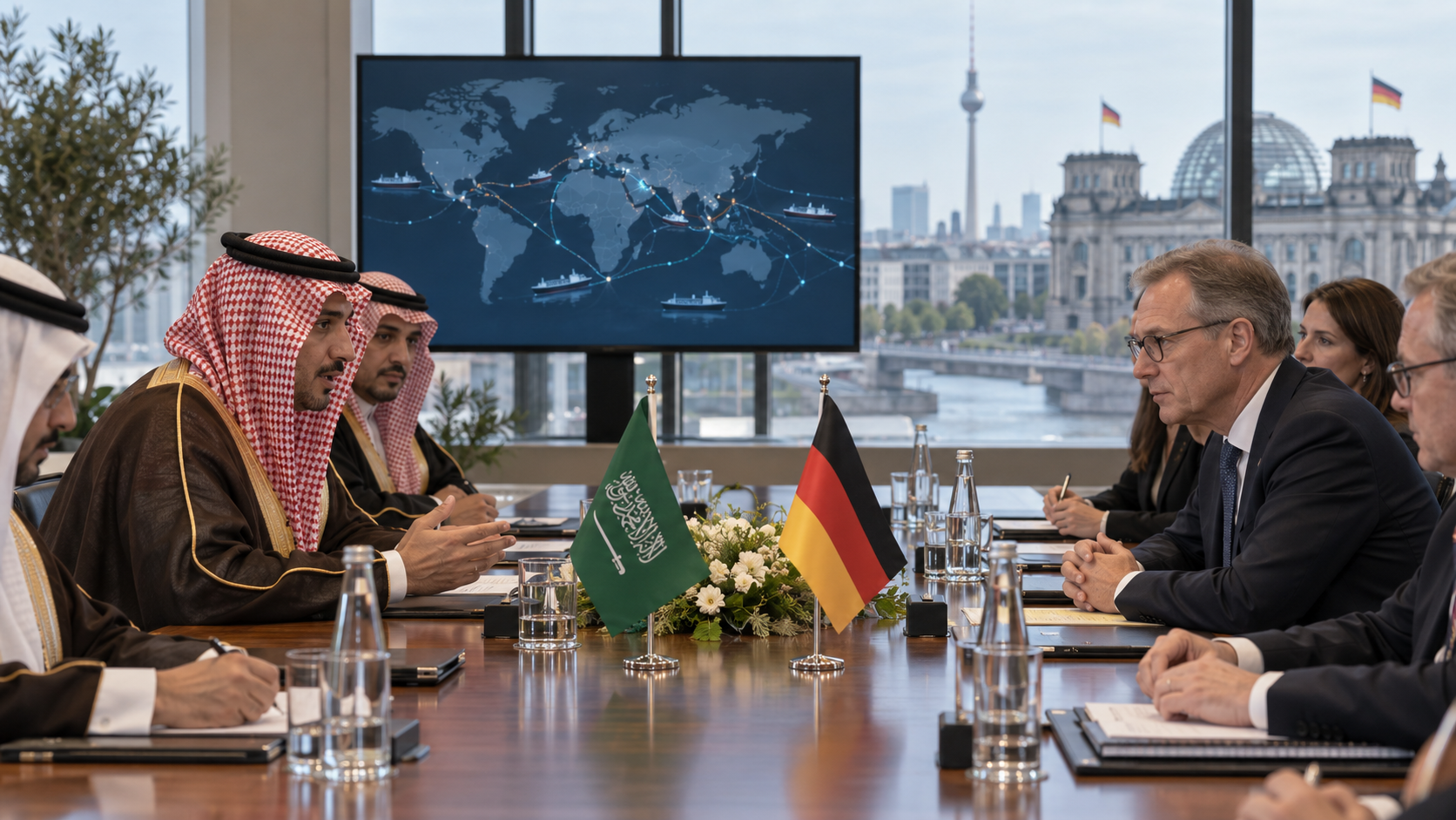AI-generated editorial illustration for GulfPulse News coverage of Saudi FM, German minister meet to discuss expanding partnership.