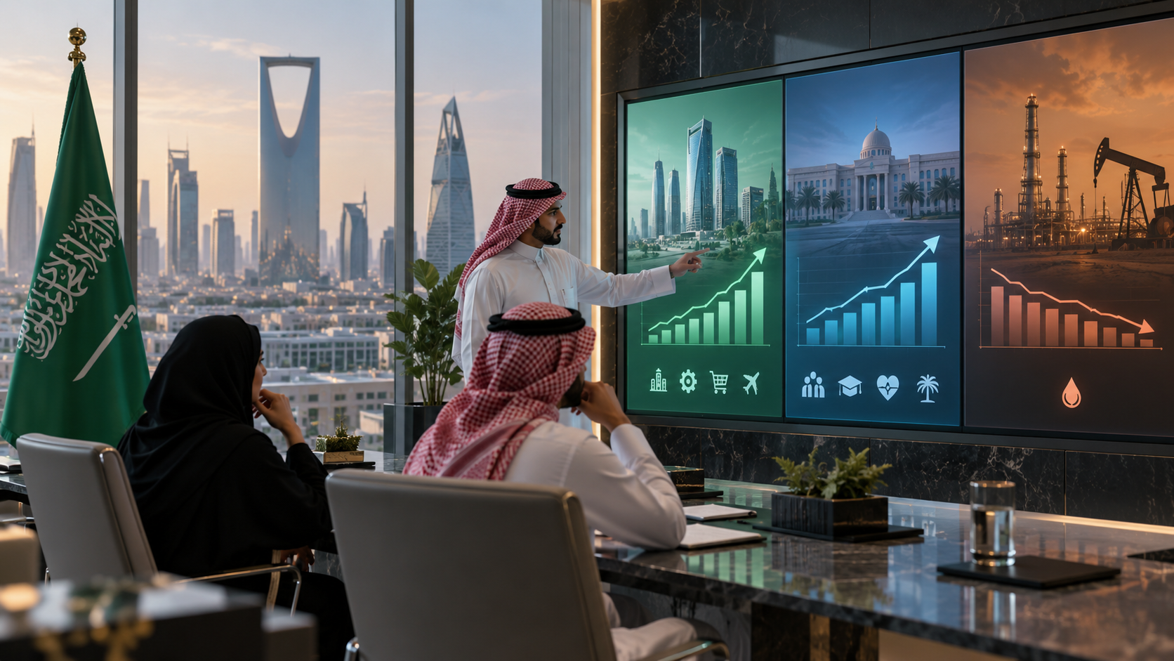 AI-generated editorial illustration for GulfPulse News coverage of Saudi non-oil, government activities grow 0.9% in Q2 2026.