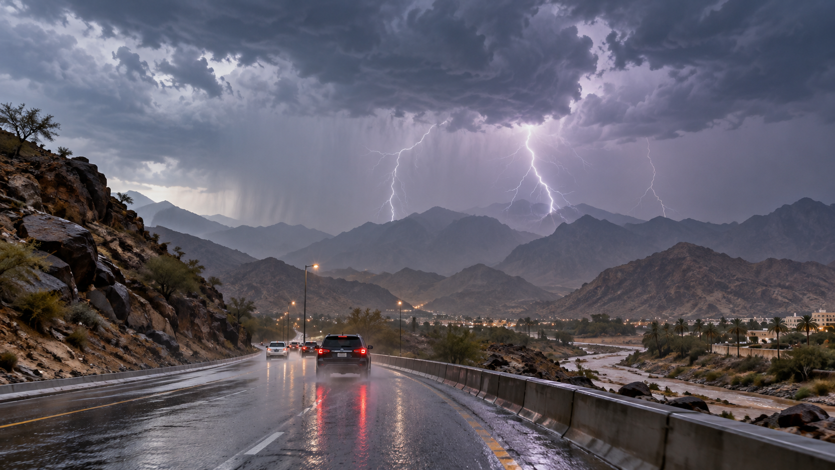 AI-generated editorial illustration for GulfPulse News coverage of Civil Defense urges caution as thunderstorms forecast in a number of Saudi regions through Monday.