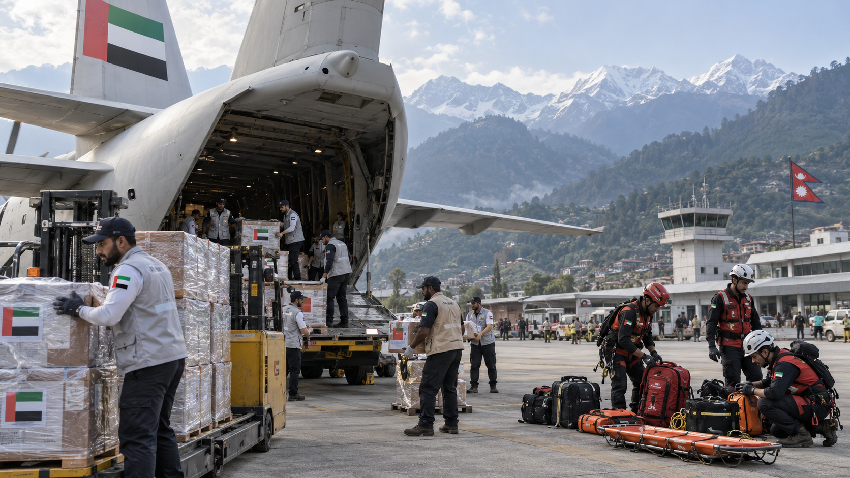 AI-generated editorial illustration for GulfPulse News coverage of Third UAE aid plane arrives in Nepal to assist flood victims.