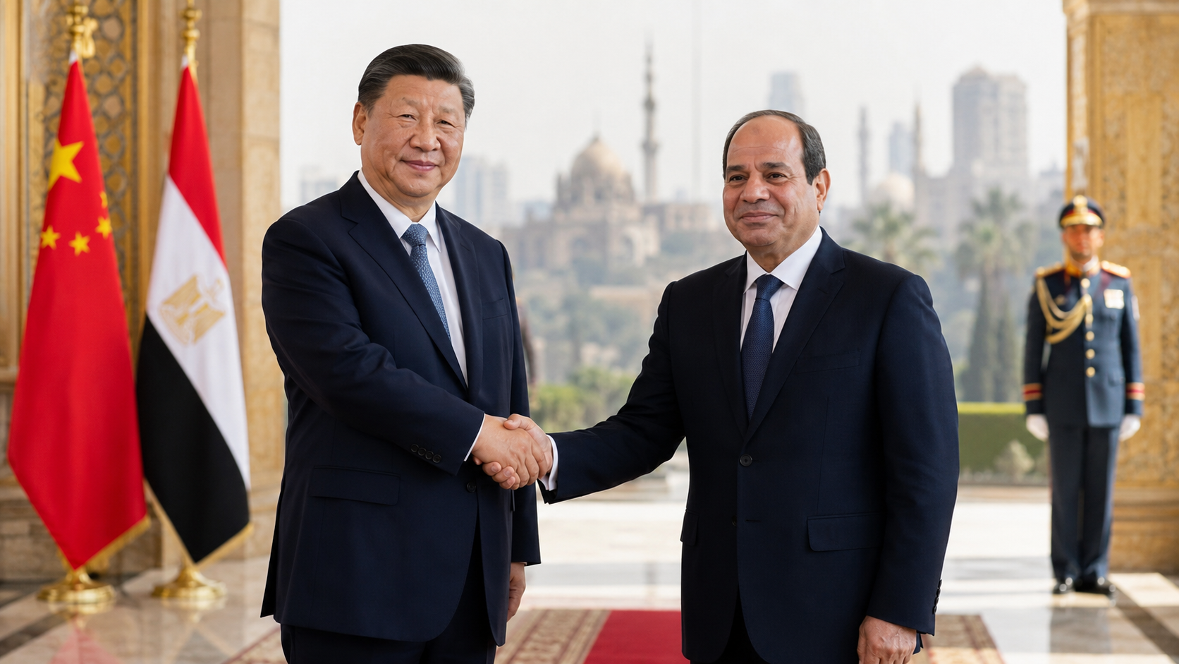 AI-generated editorial illustration for GulfPulse News coverage of Egyptian President welcomes Chinese President to Cairo for strategic partnership talks.