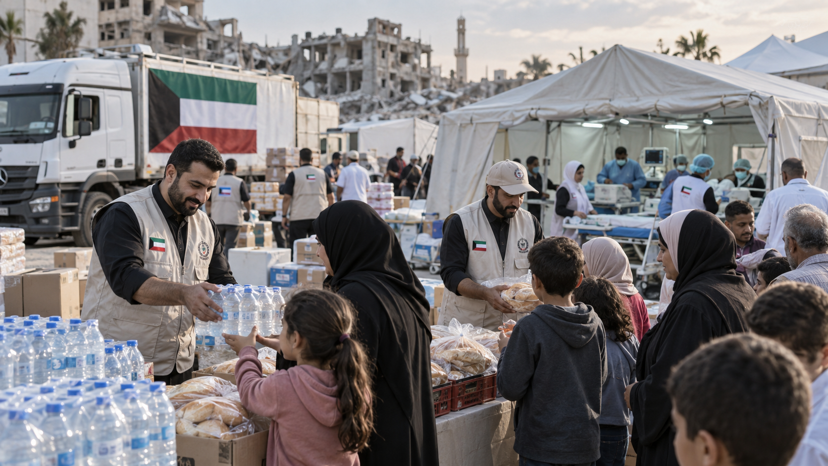 AI-generated editorial illustration for GulfPulse News coverage of Kuwaiti charities deliver water, surgery and bread across three countries.