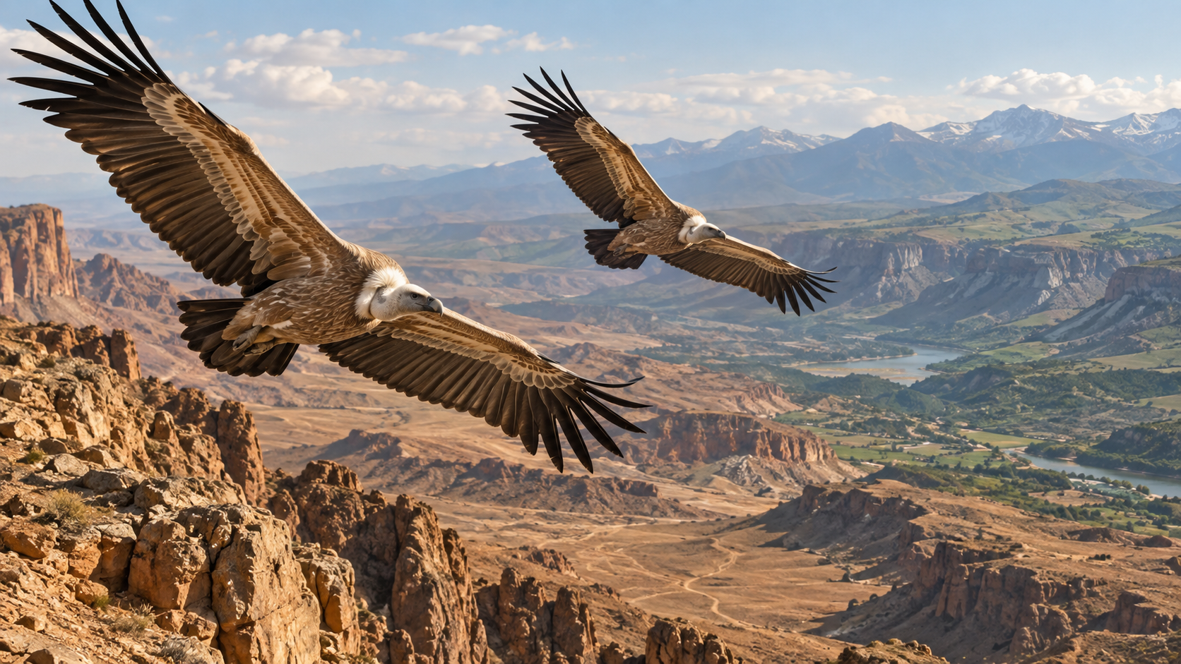 AI-generated editorial illustration for GulfPulse News coverage of Rehabilitated Saudi vultures settle in Armenia and Iraq after epic regional journey.