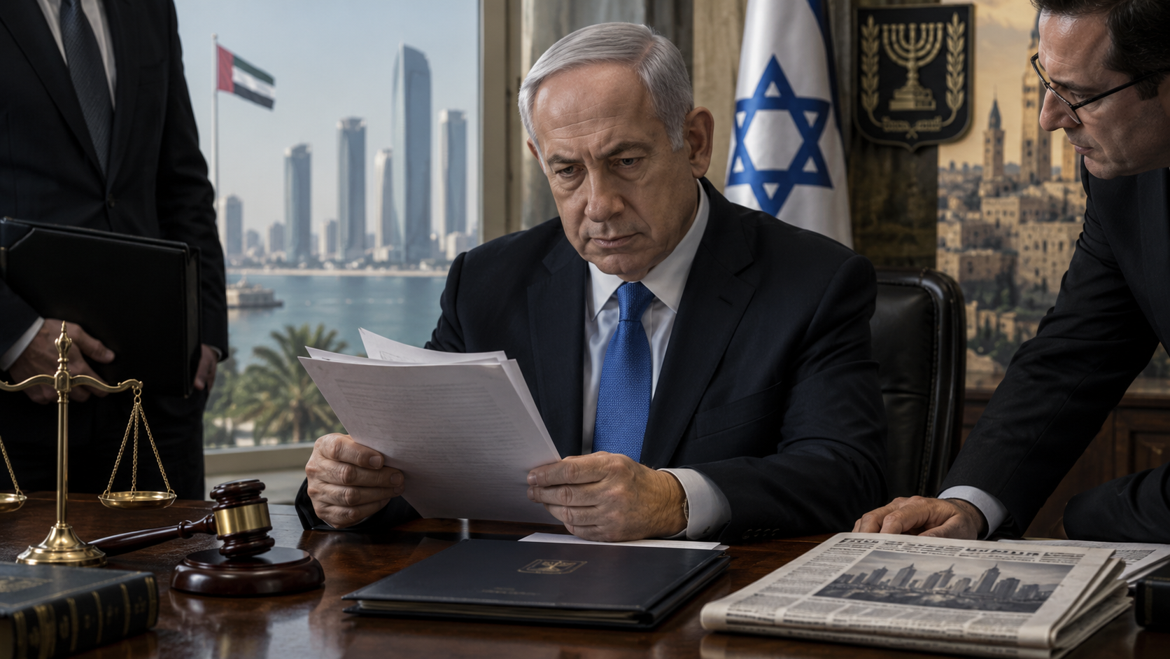 AI-generated editorial illustration for GulfPulse News coverage of Israel's Netanyahu to sue newspaper over claim UAE warned him of 7 October attack.