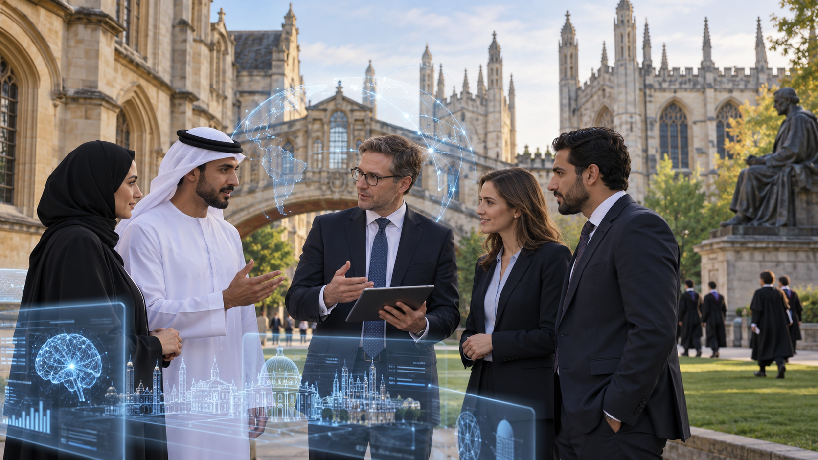 AI-generated editorial illustration for GulfPulse News coverage of Sharjah Chamber concludes international training programme on leadership, AI and digital transformation at Oxford and Cambridge.