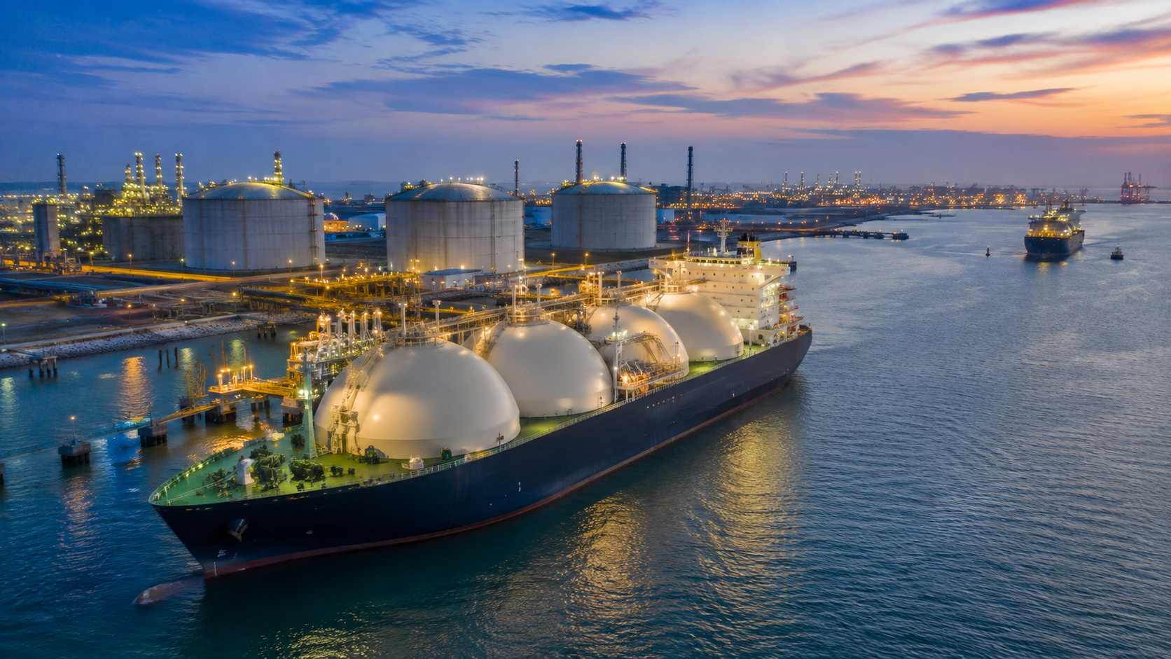 AI-generated editorial illustration for GulfPulse News coverage of US LNG exports rose 23% in first half of 2026.