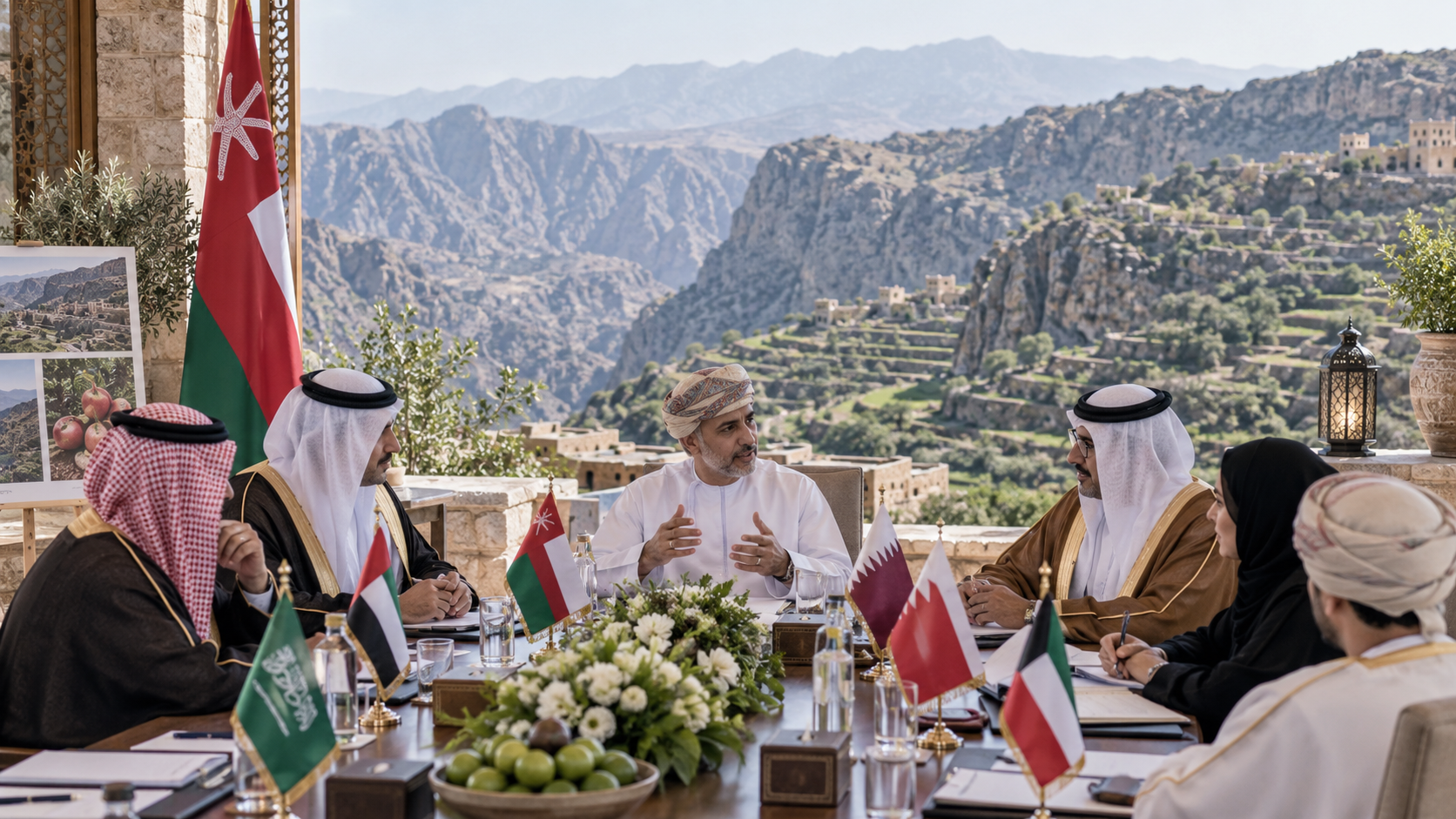 AI-generated editorial illustration for GulfPulse News coverage of Jabal Akhdar to be Gulf Tourism capital; GCC ministers call for joint strategies.