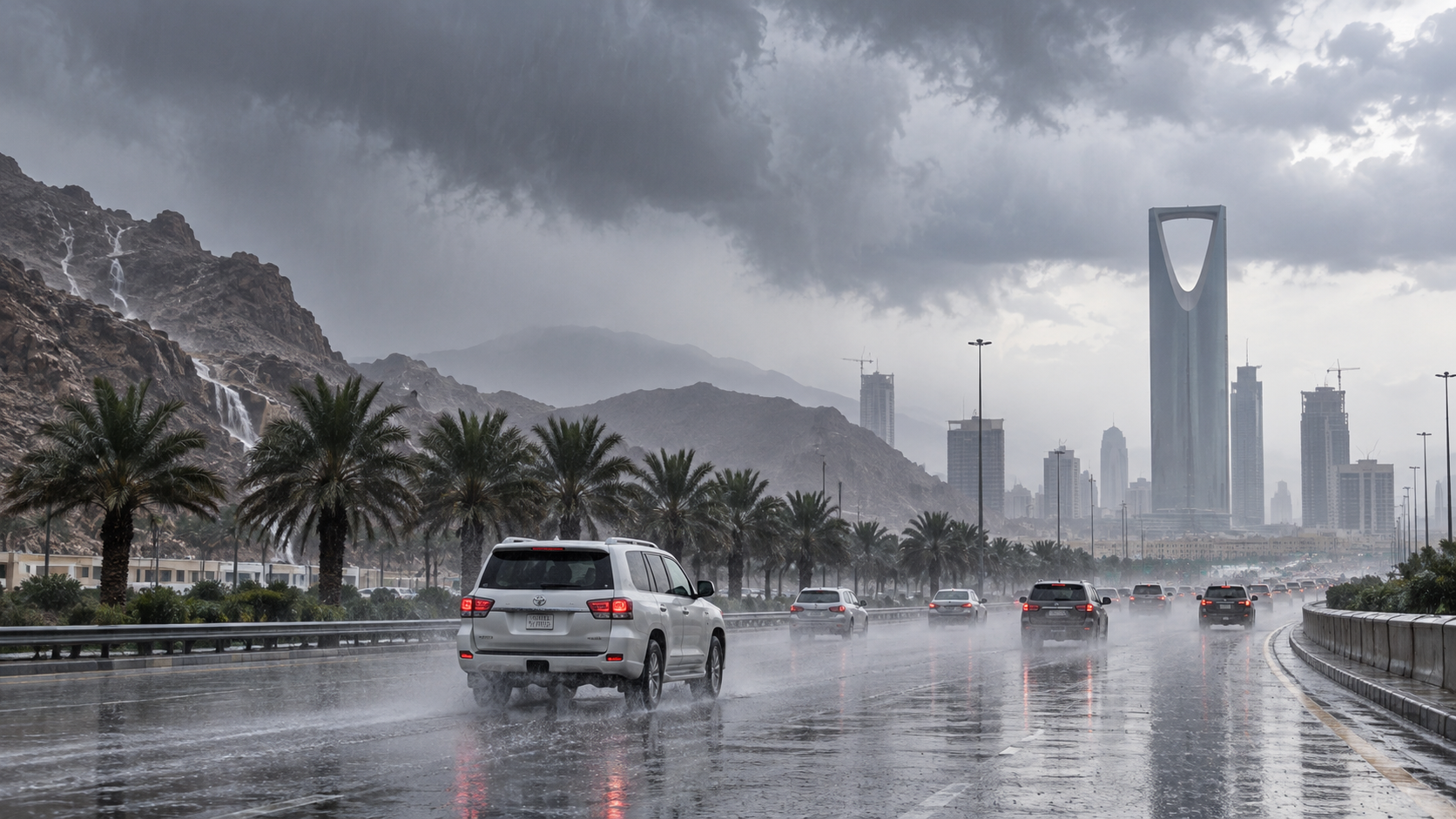 AI-generated editorial illustration for GulfPulse News coverage of Heavy rain, flash flood risk forecast across parts of Saudi Arabia through Friday.