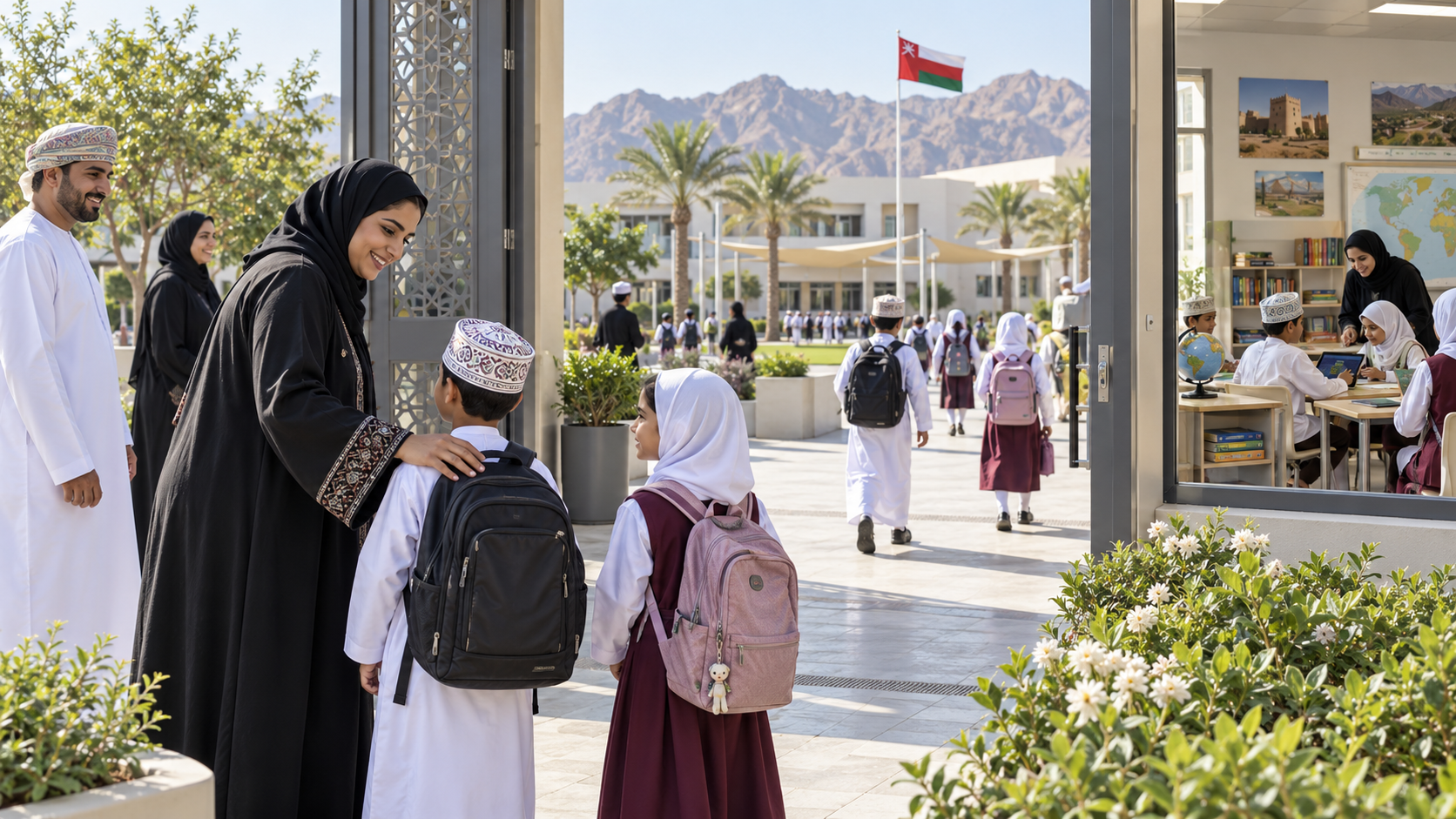 AI-generated editorial illustration for GulfPulse News coverage of Oman’s schools welcome students back for new academic year.