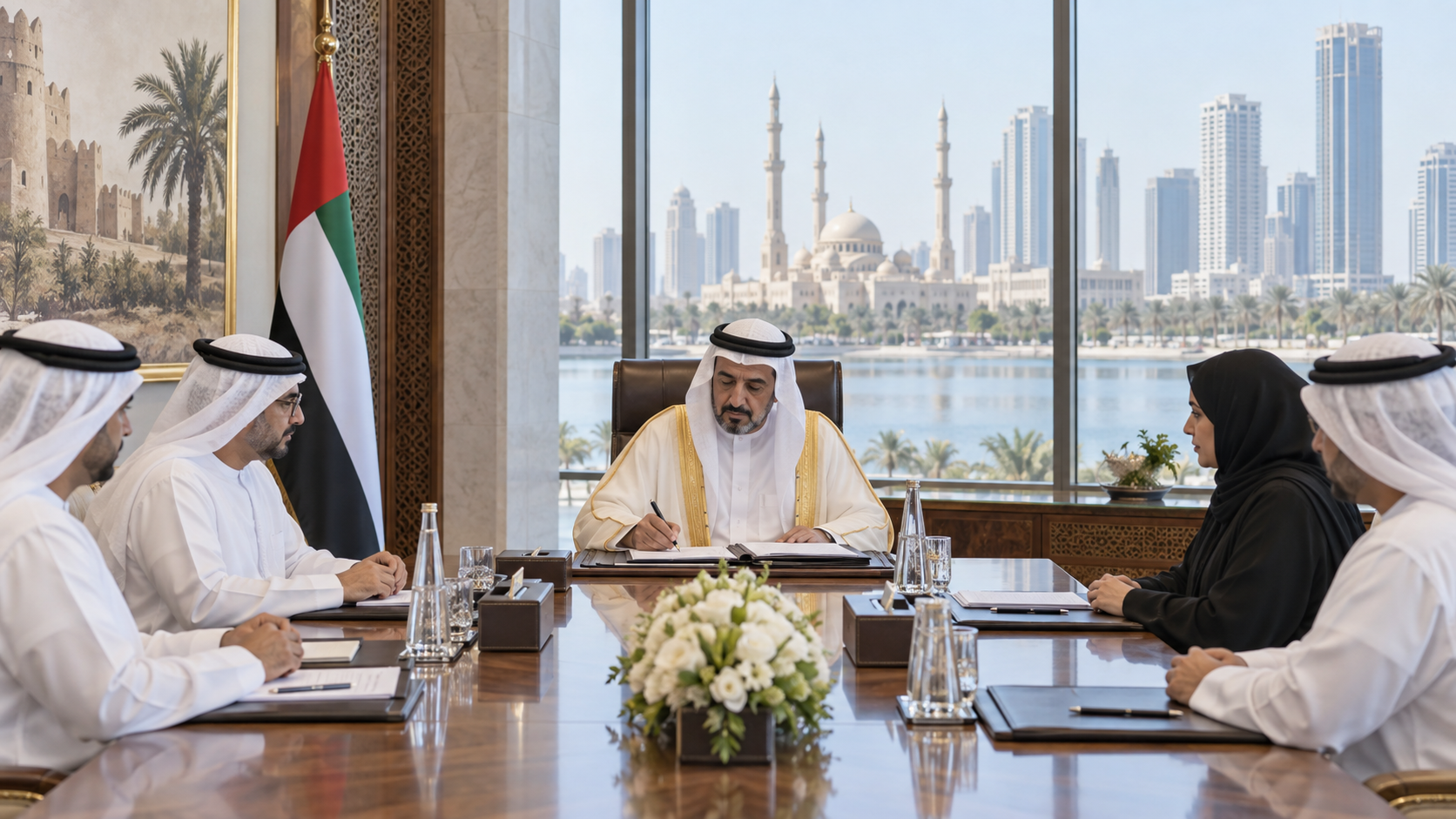 AI-generated editorial illustration for GulfPulse News coverage of Sharjah Ruler approves SSSD organisational structure.