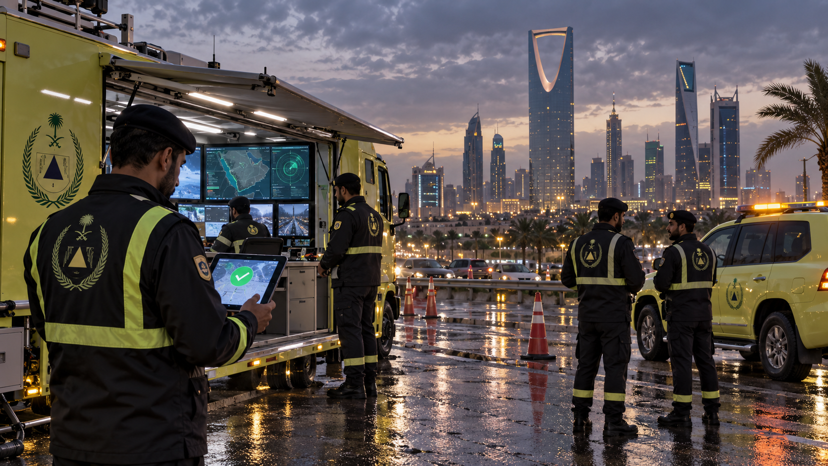 AI-generated editorial illustration for GulfPulse News coverage of Saudi Civil Defense declares danger over in Riyadh and Al-Kharj after early warning.