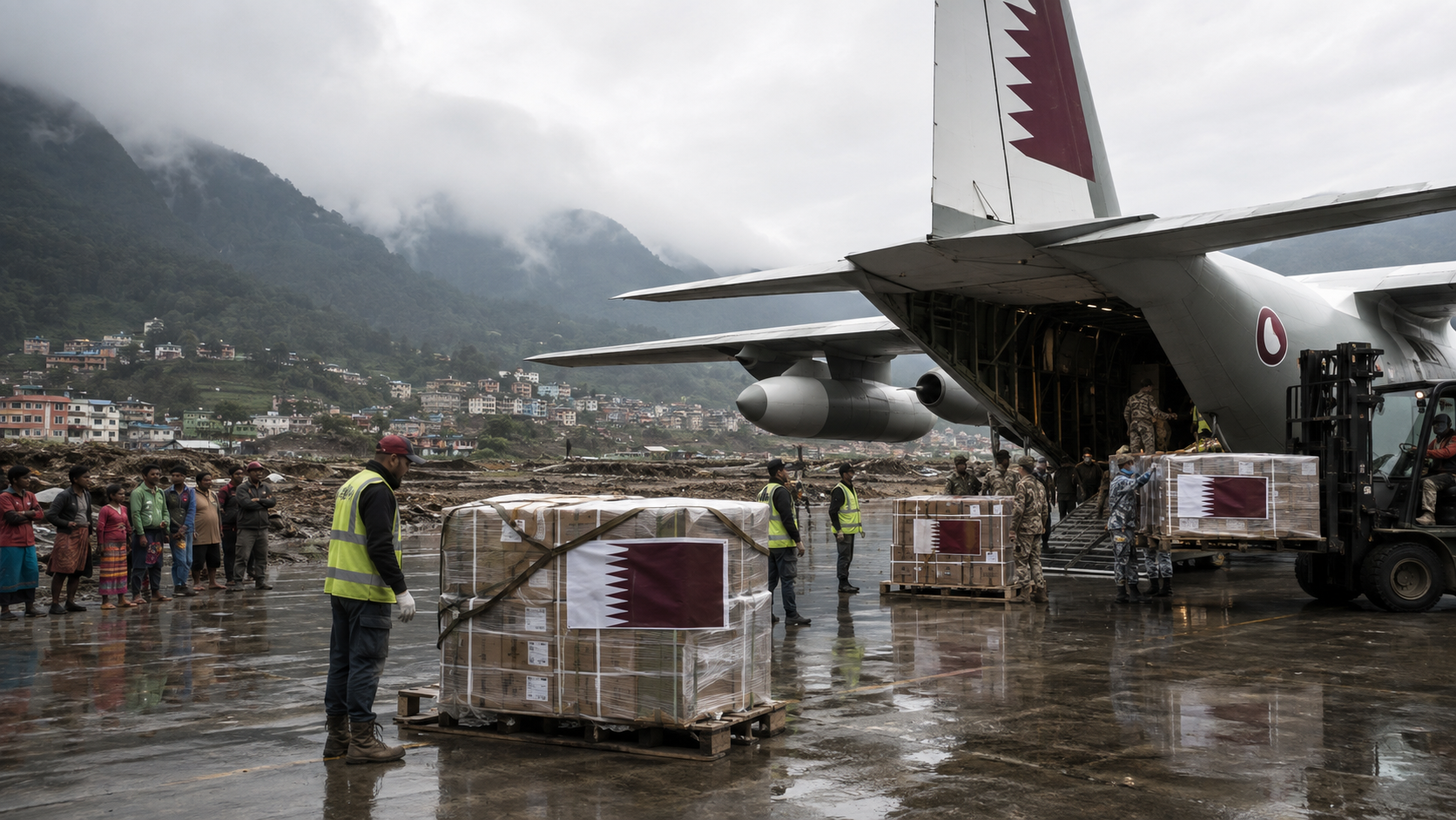 AI-generated editorial illustration for GulfPulse News coverage of Qatari Aircraft Arrives in Nepal Carrying Humanitarian Aid for Flood Victims.
