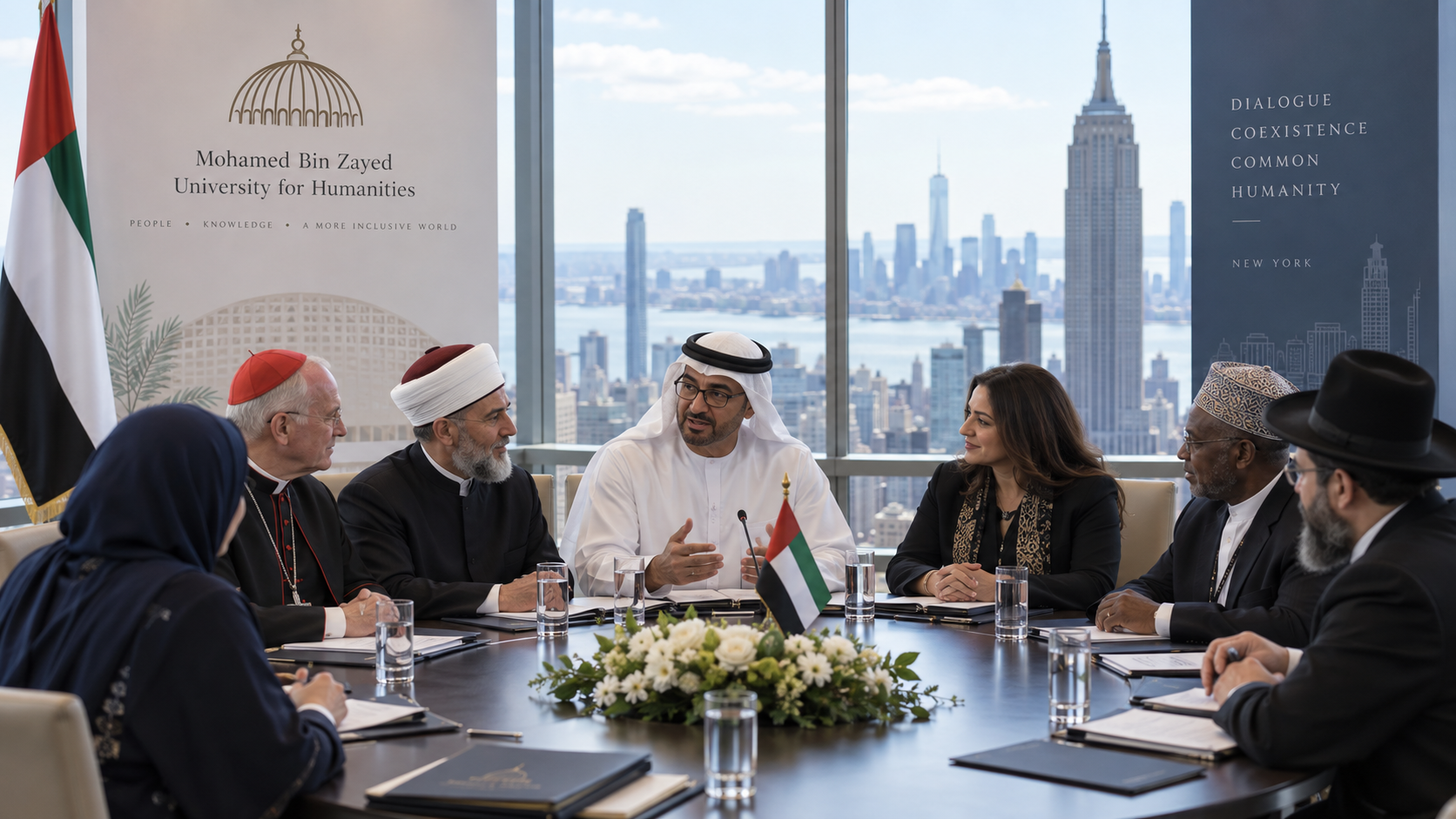 AI-generated editorial illustration for GulfPulse News coverage of MBZUH presents UAE model of tolerance, coexistence, interfaith dialogue at New York Summit.