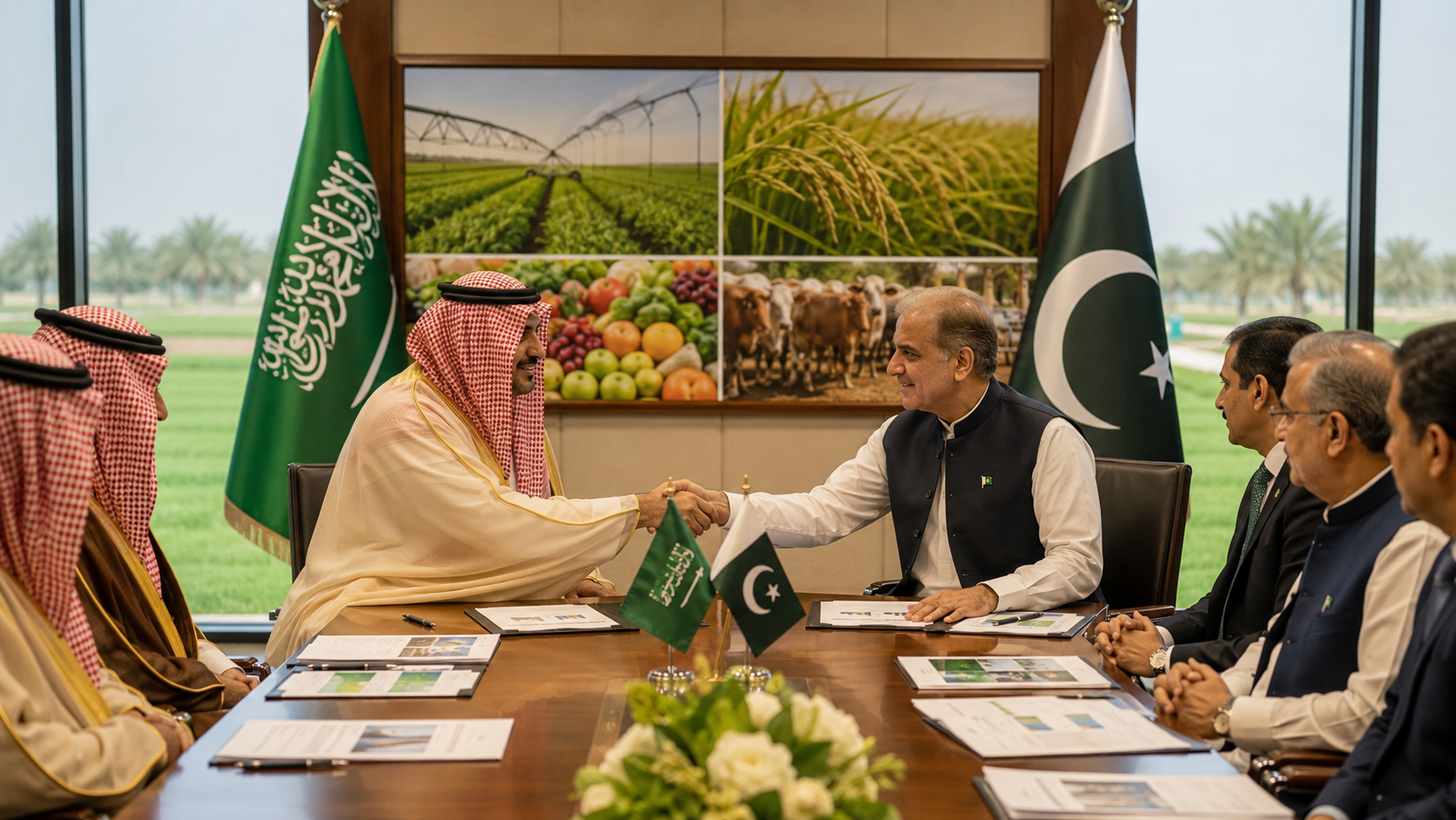 AI-generated editorial illustration for GulfPulse News coverage of Saudi Arabia agrees to raise Pakistani agricultural and food exports to $3 billion.